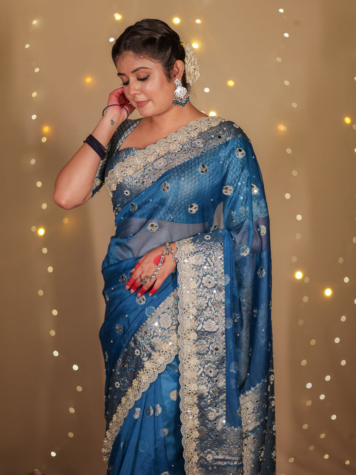 Banarasi Mirror Work Tissue Saree with Lace Border - Blue
