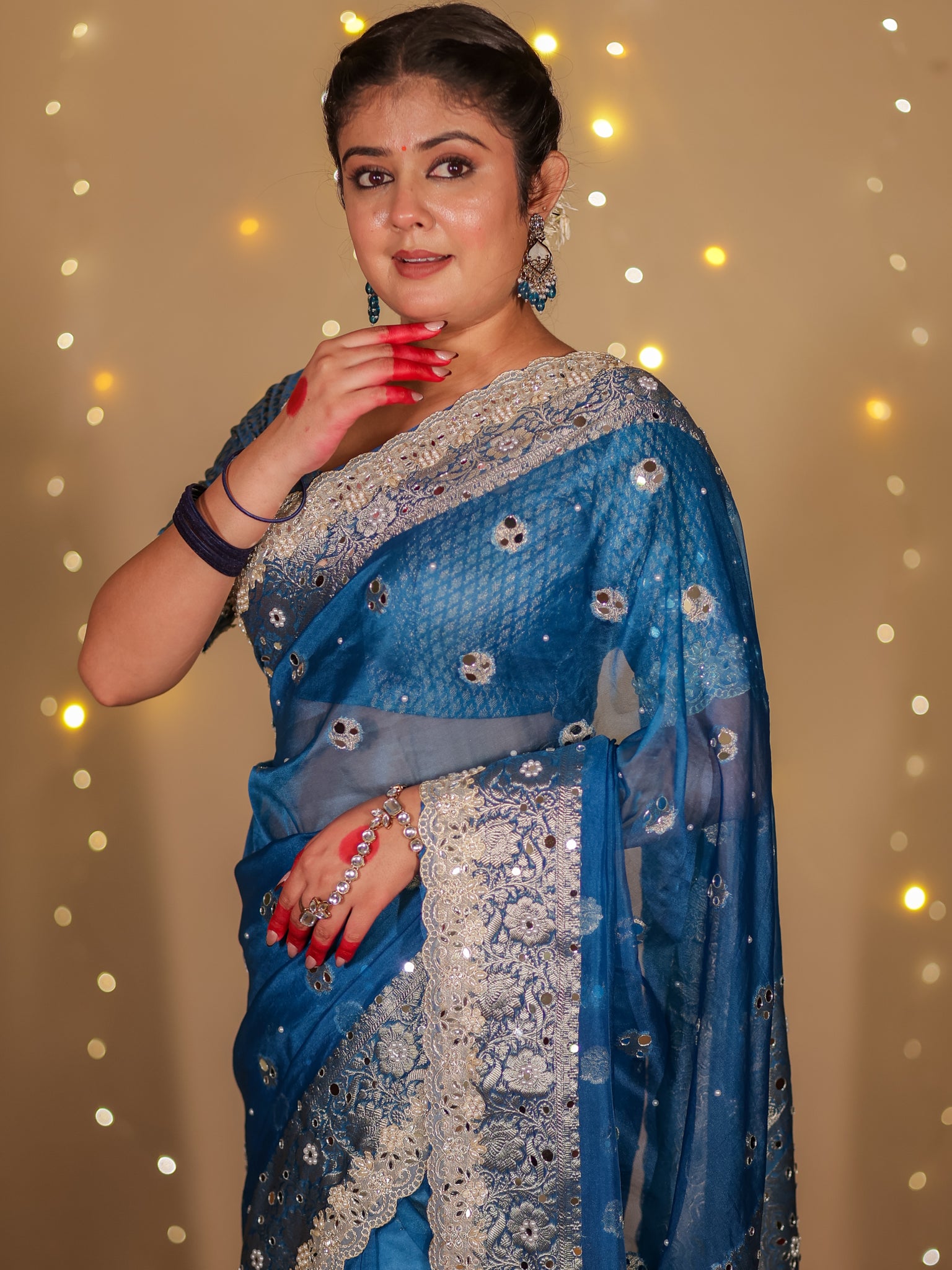 Banarasi Mirror Work Tissue Saree with Lace Border - Blue