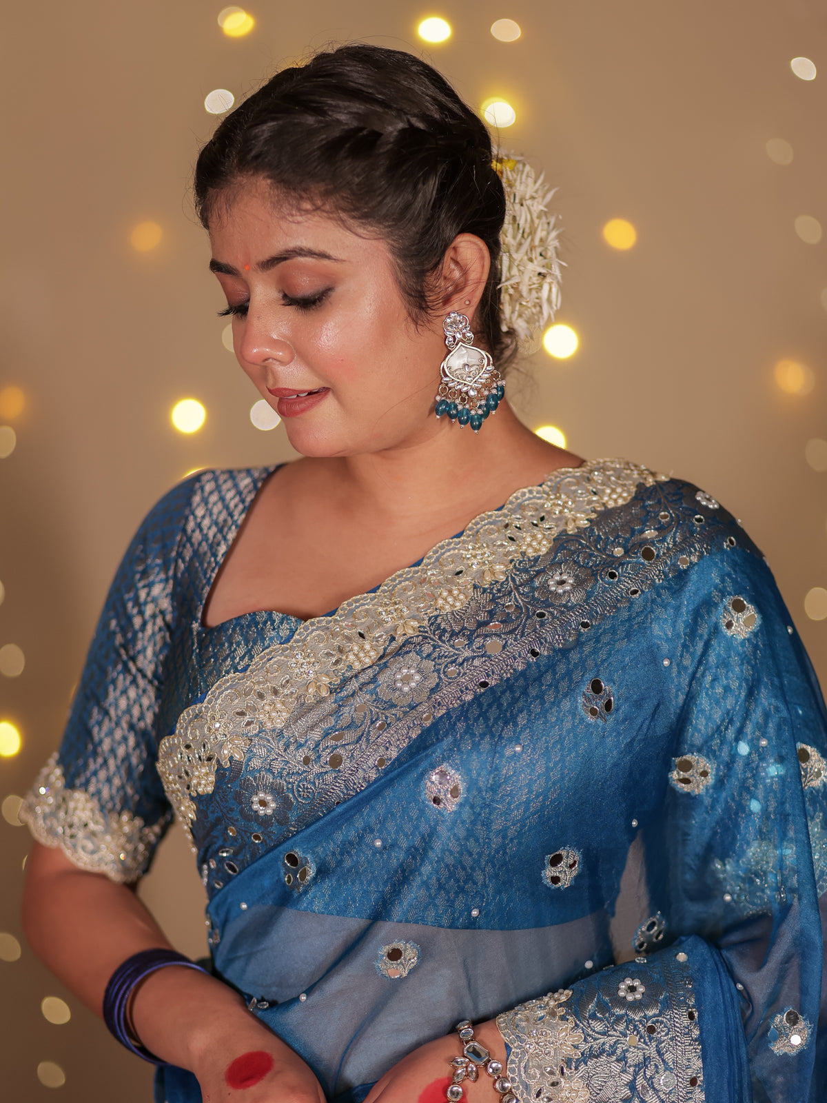 Banarasi Mirror Work Tissue Saree with Lace Border - Blue