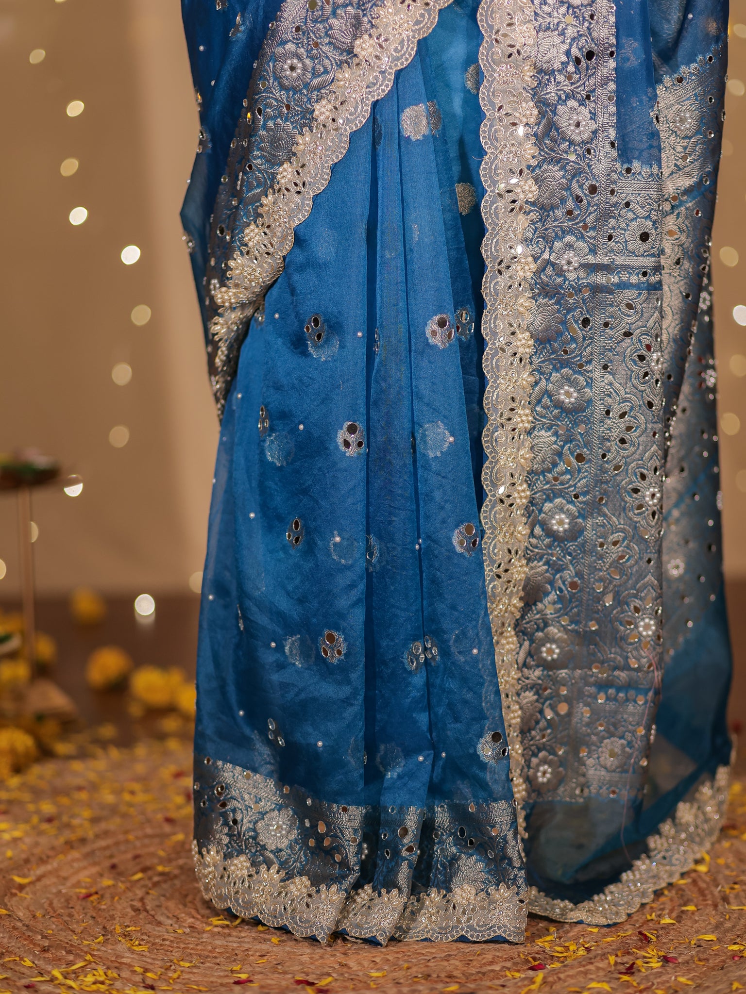 Banarasi Mirror Work Tissue Saree with Lace Border - Blue