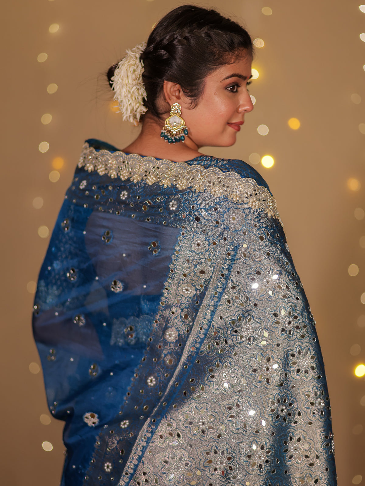 Banarasi Mirror Work Tissue Saree with Lace Border - Blue