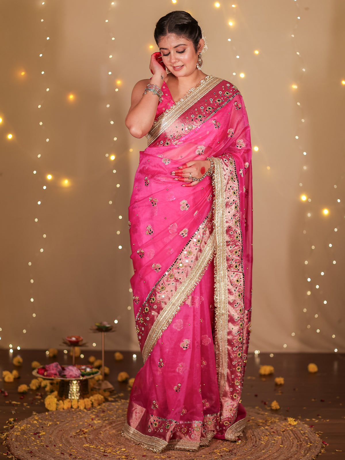 Banarasi Mirror Work With Ghungroo Tissue Saree with Lace Border - Magenta