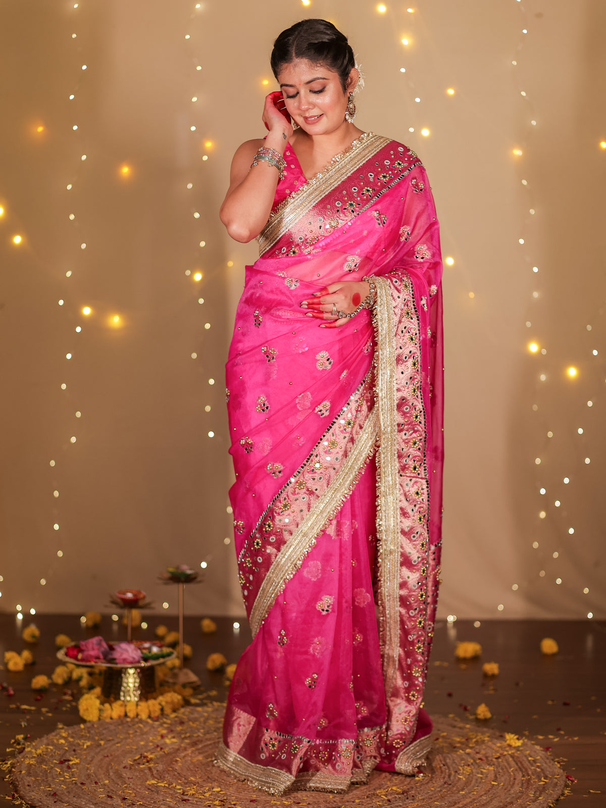 Banarasi Mirror Work Tissue Saree with Lace Border - Magenta