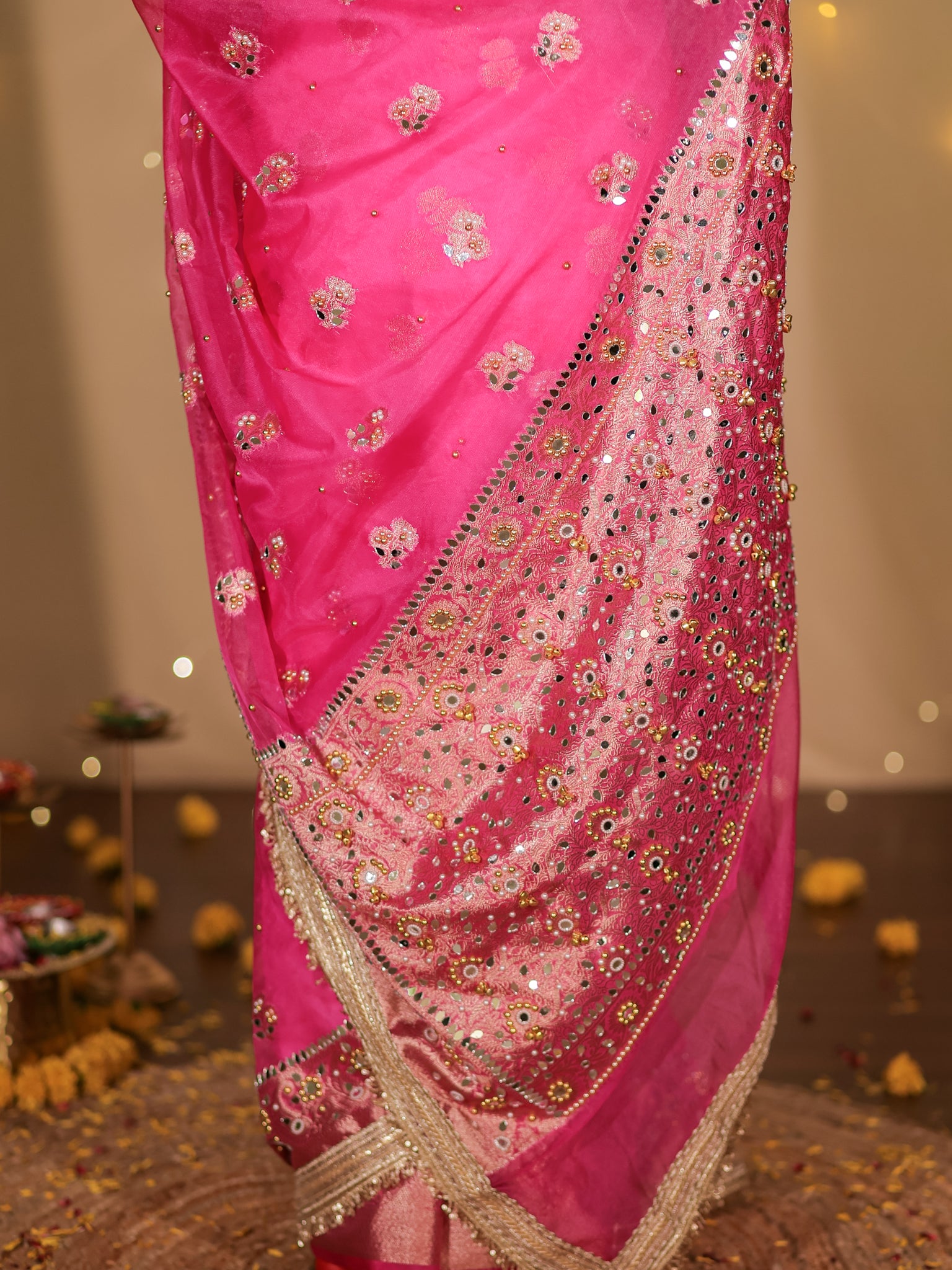 Banarasi Mirror Work Tissue Saree with Lace Border - Magenta