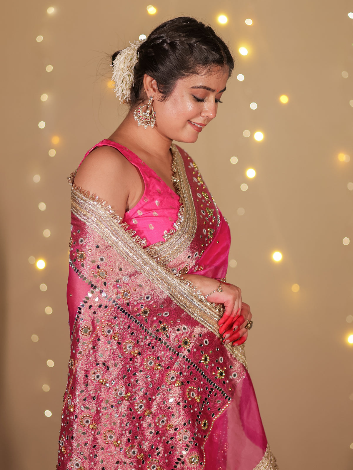 Banarasi Mirror Work With Ghungroo Tissue Saree with Lace Border - Magenta