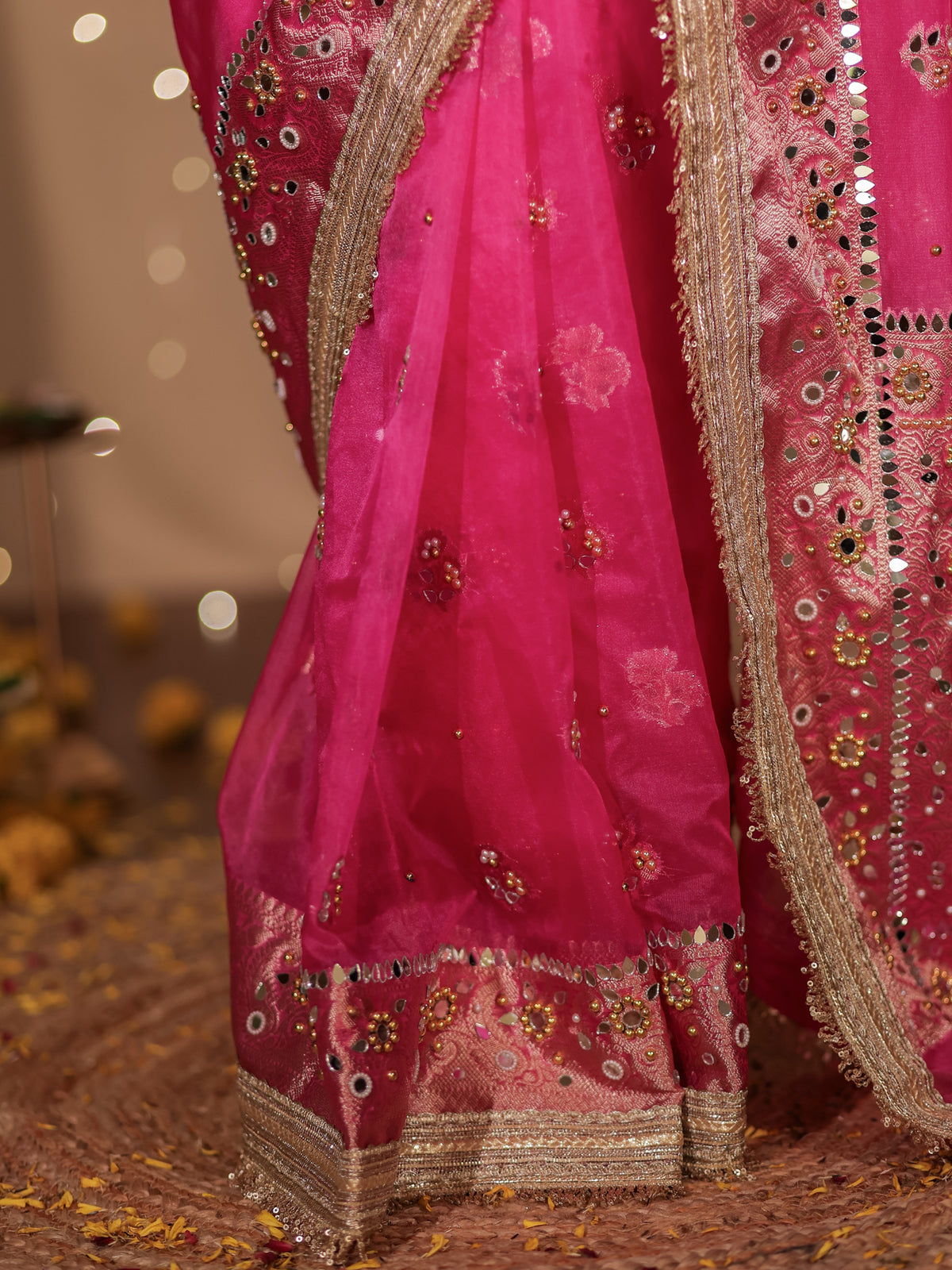 Banarasi Mirror Work With Ghungroo Tissue Saree with Lace Border - Magenta