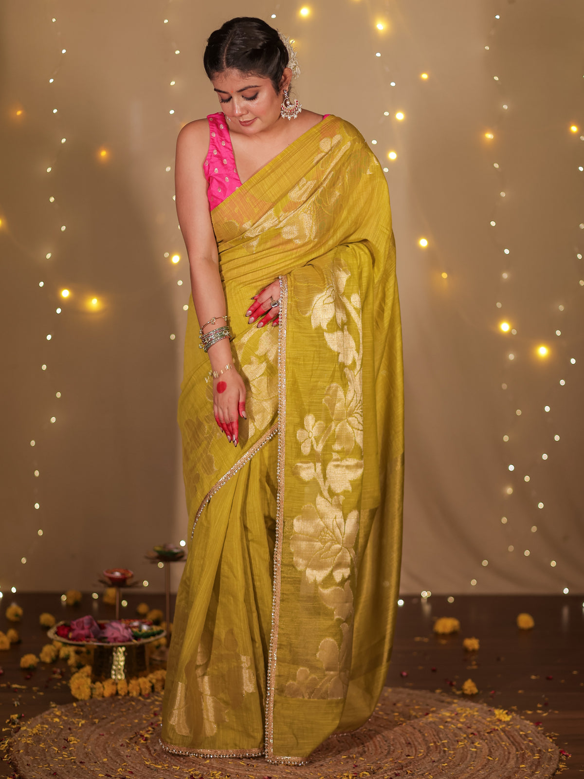 Banarasi Soft Cotton Saree With Lace Border- Green