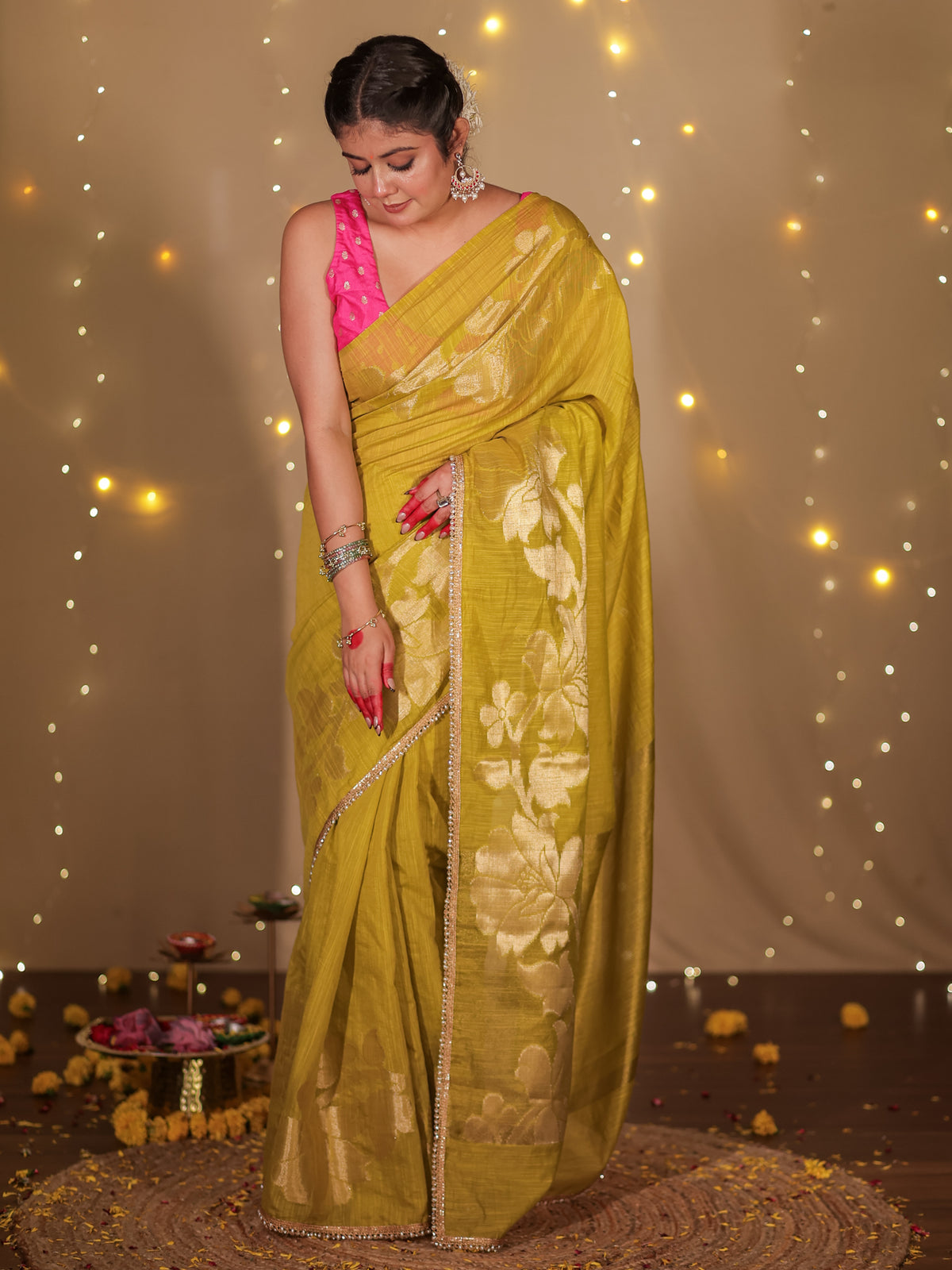 Banarasi Soft Cotton Saree With Lace Border- Green