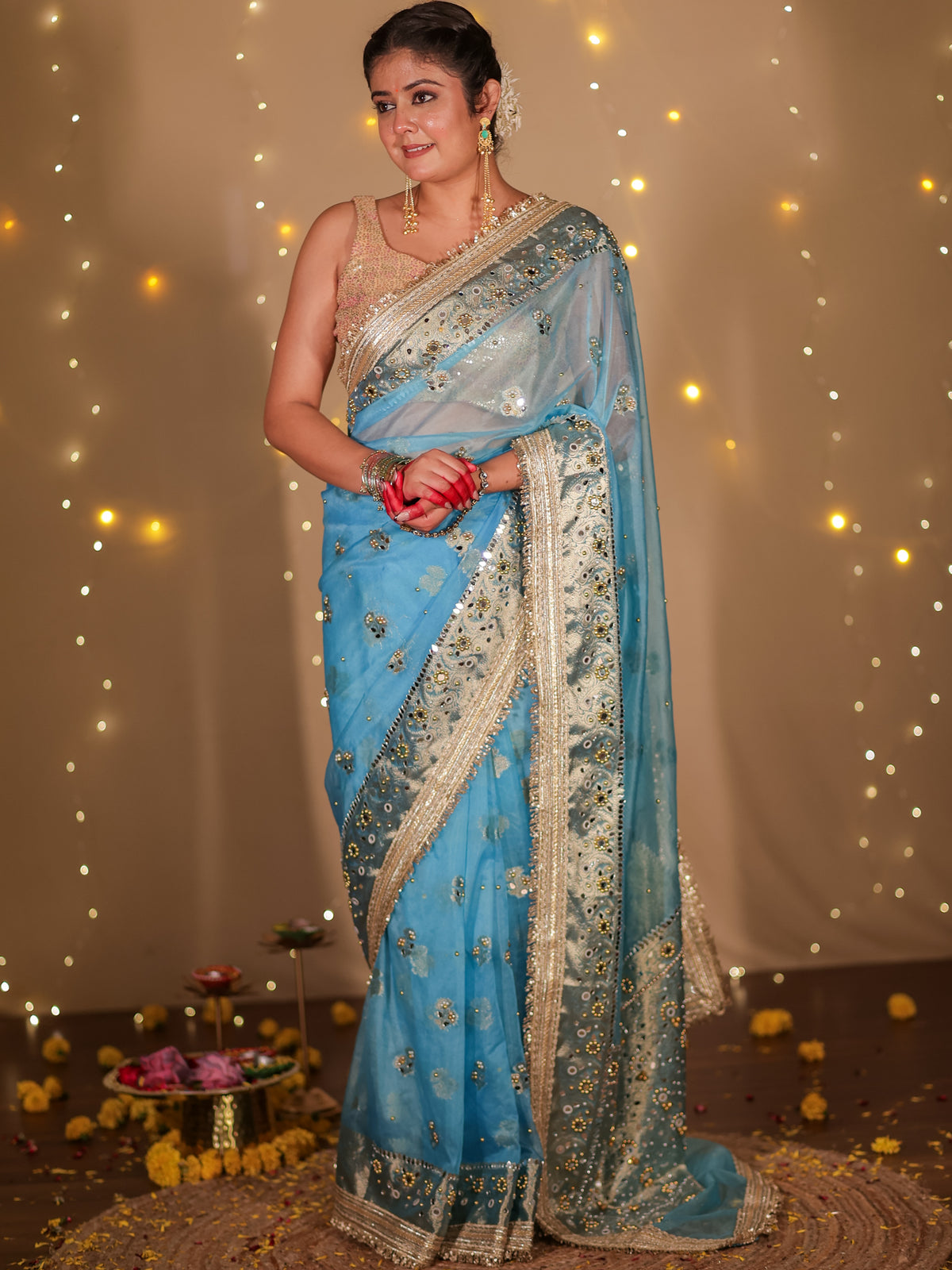 Banarasi Mirror Work Tissue Saree with Lace Border - Light Blue