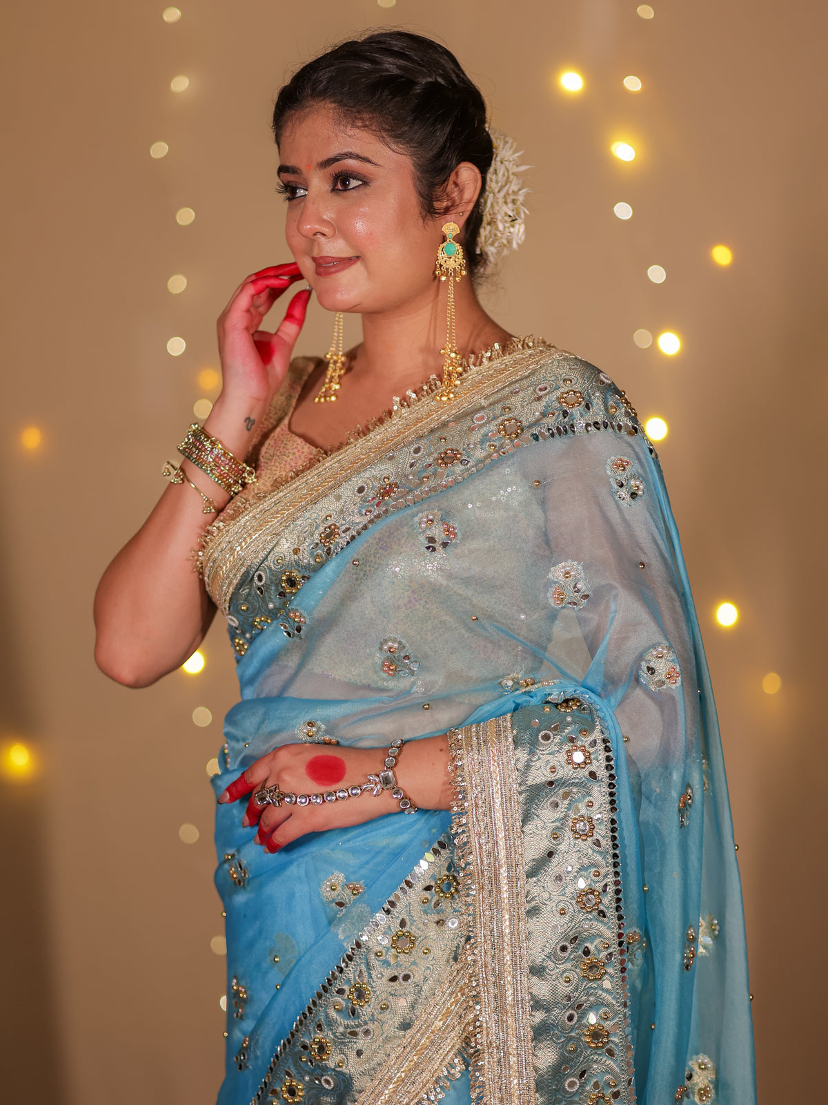 Banarasi Mirror Work Tissue Saree with Lace Border - Light Blue