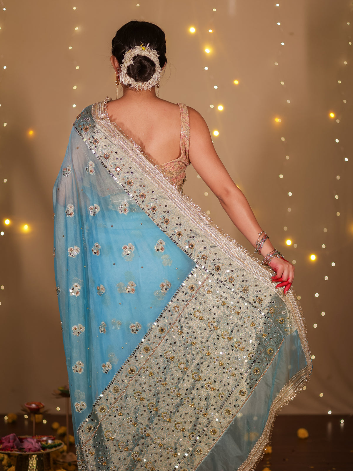 Banarasi Mirror Work Tissue Saree with Lace Border - Light Blue