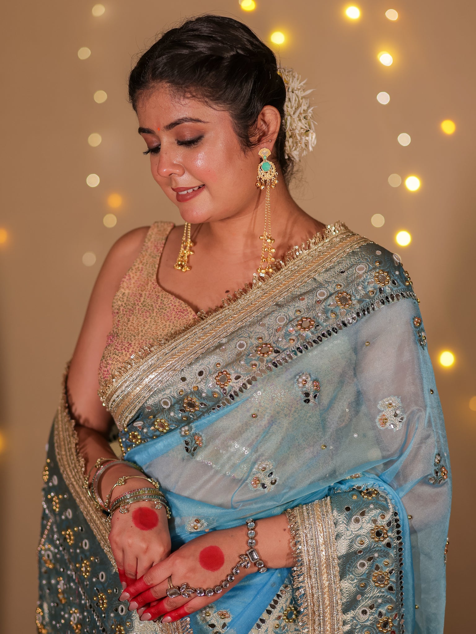 Banarasi Mirror Work Tissue Saree with Lace Border - Light Blue