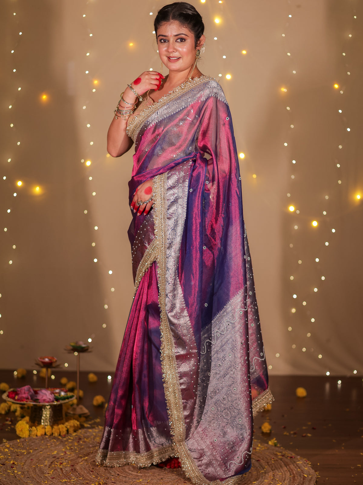 Banarasi Plain Tissue Saree with Lace Border - Purple