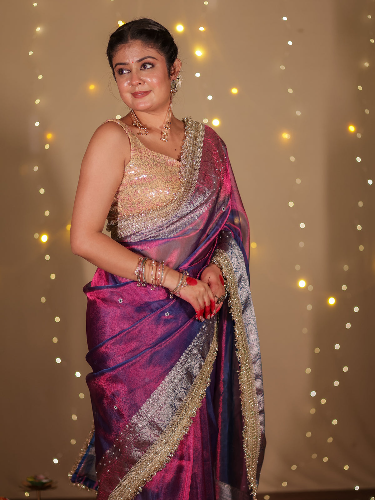 Banarasi Plain Tissue Saree with Lace Border - Purple