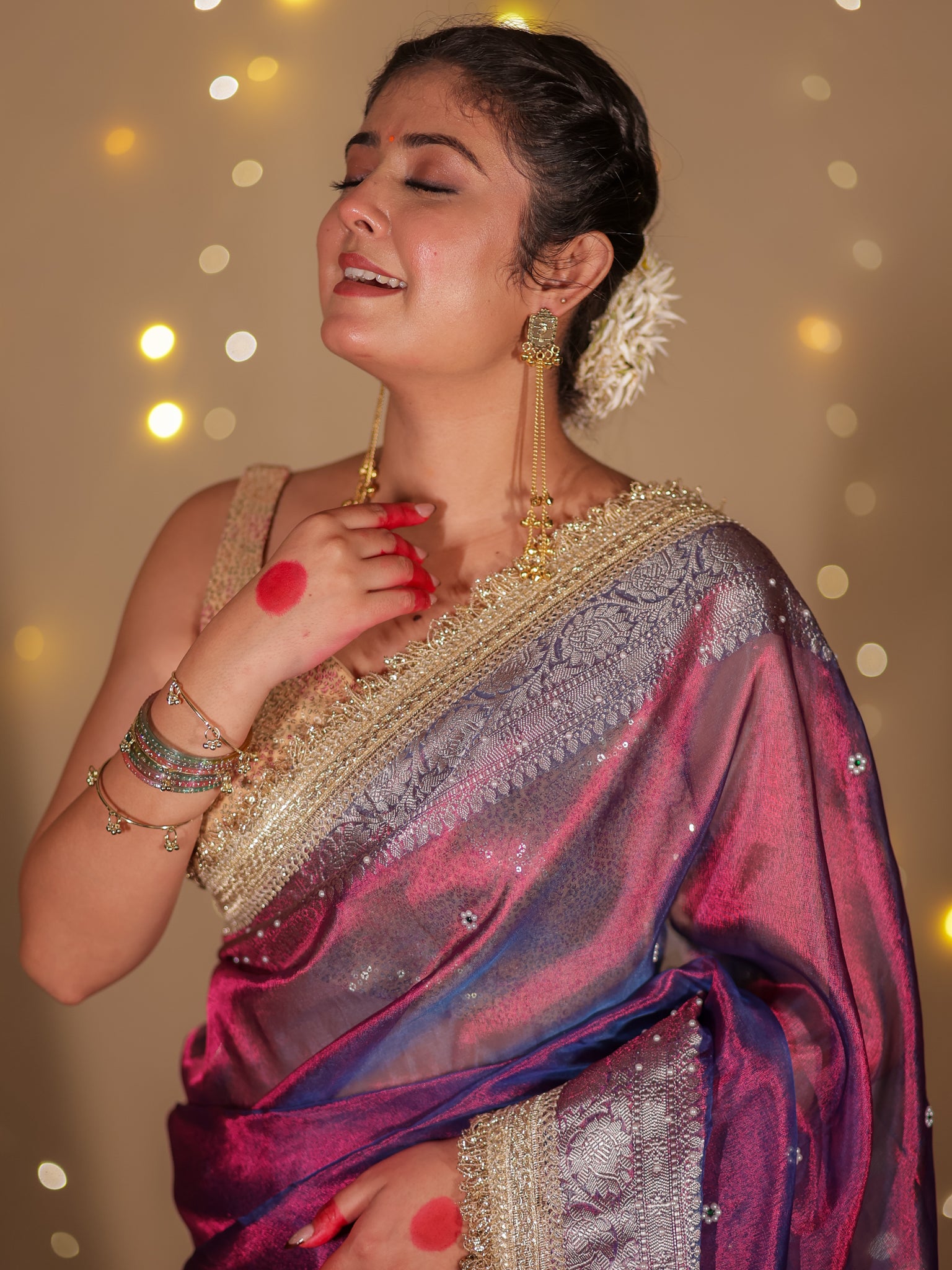 Banarasi Plain Tissue Saree with Lace Border - Purple