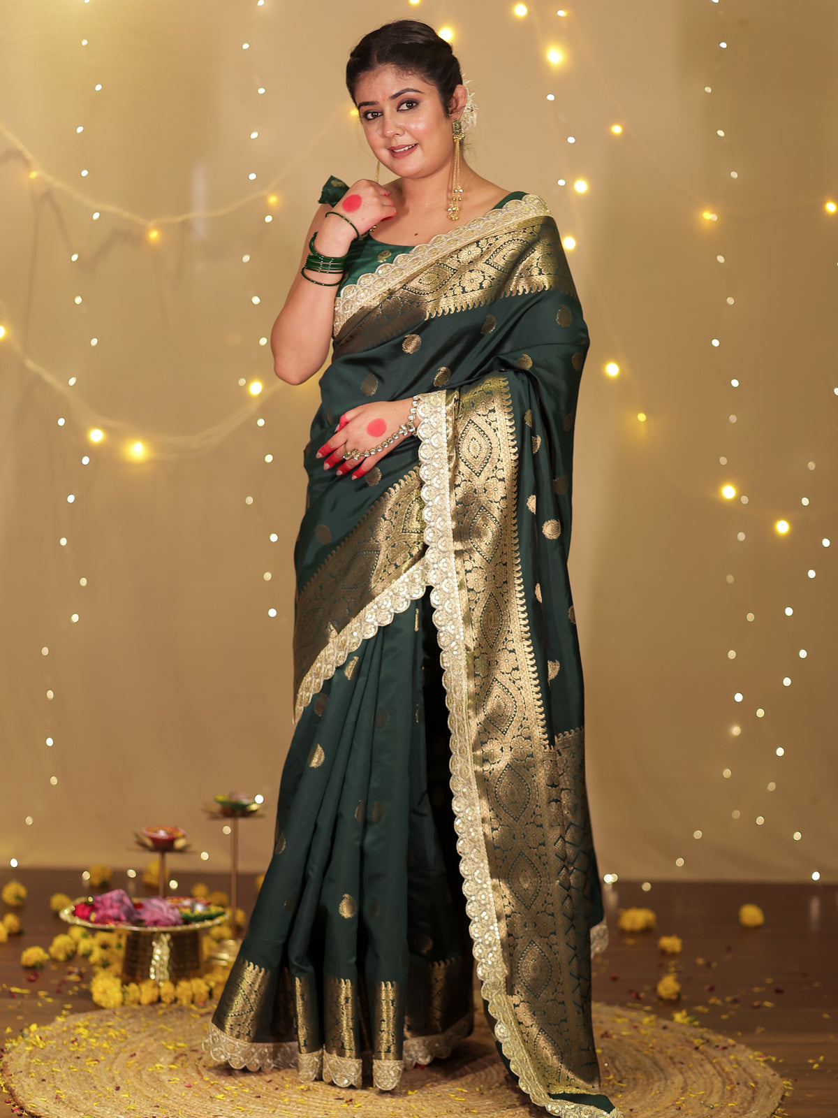 Banarasi Cotton Silk Saree with Lace Border- Green