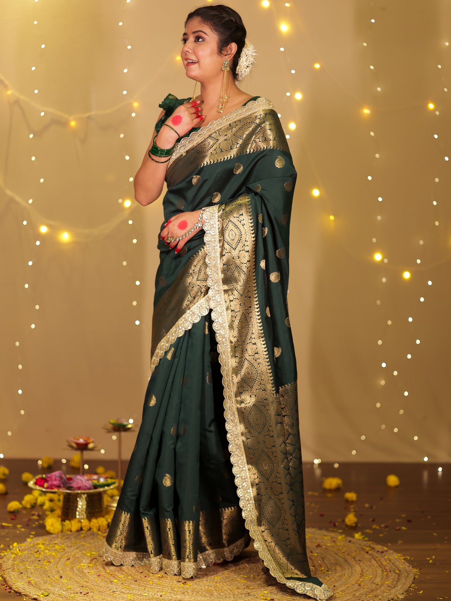 Banarasi Cotton Silk Saree with Lace Border- Green
