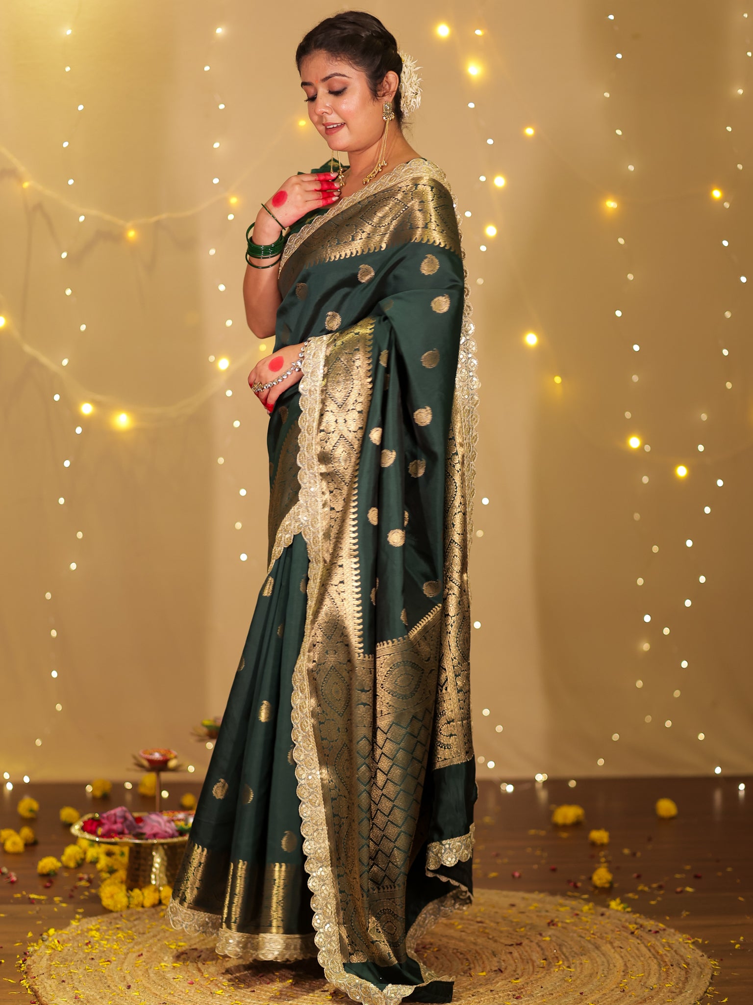 Banarasi Cotton Silk Saree with Lace Border- Green