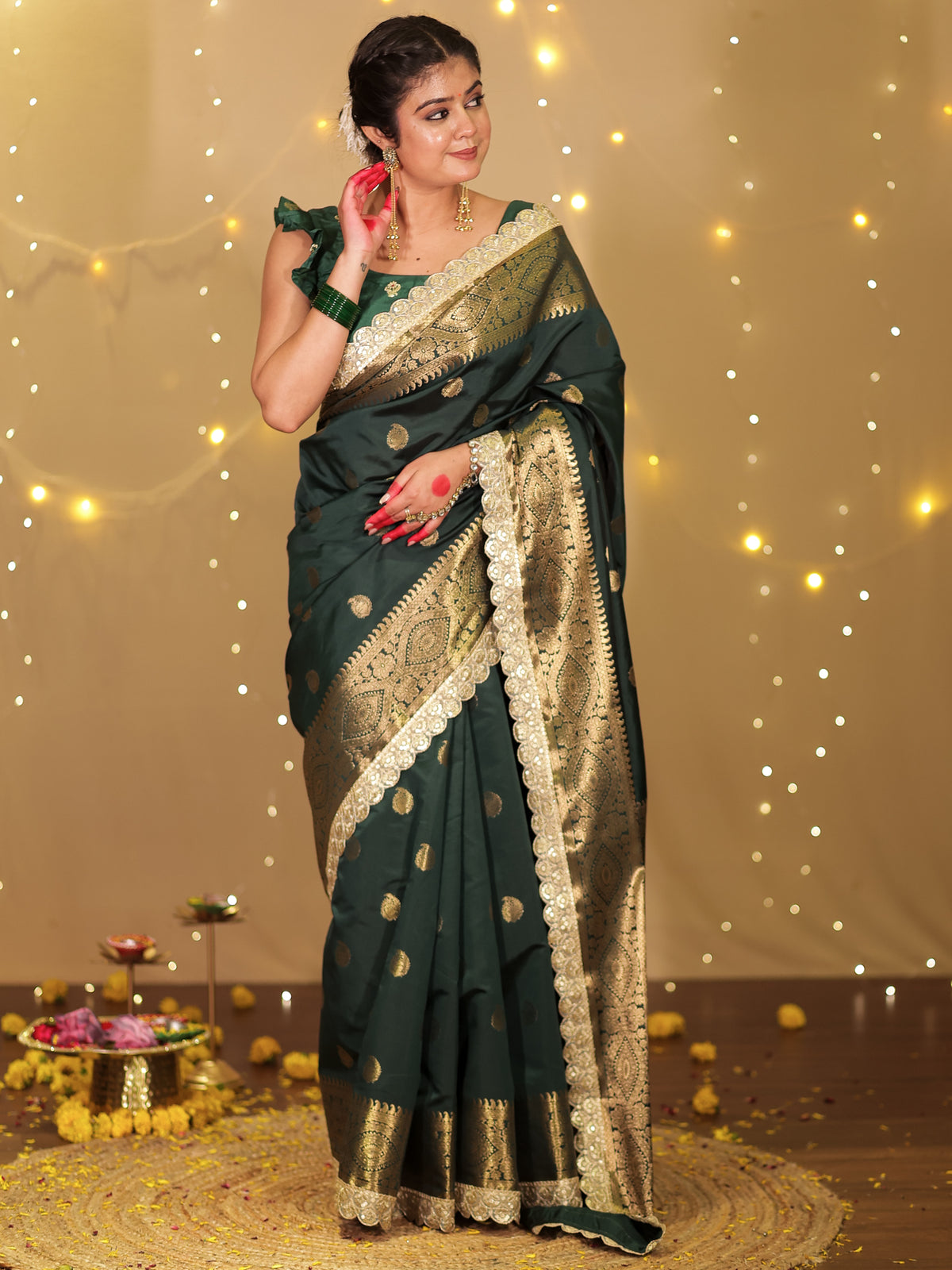 Banarasi Cotton Silk Saree with Lace Border- Green