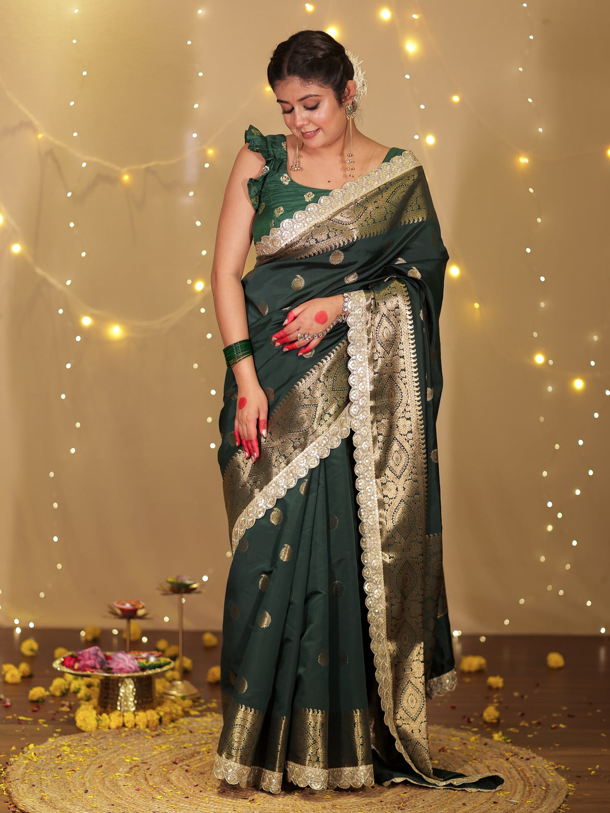 Banarasi Cotton Silk Saree with Lace Border- Green