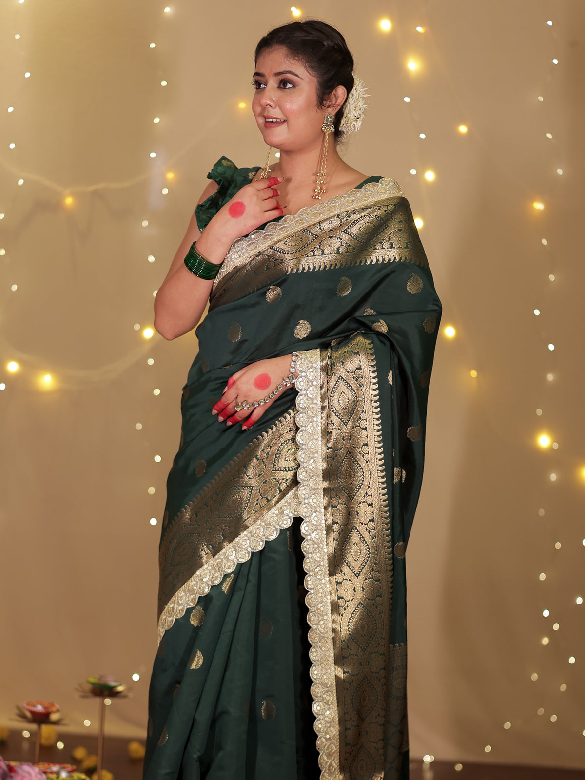 Banarasi Cotton Silk Saree with Lace Border- Green