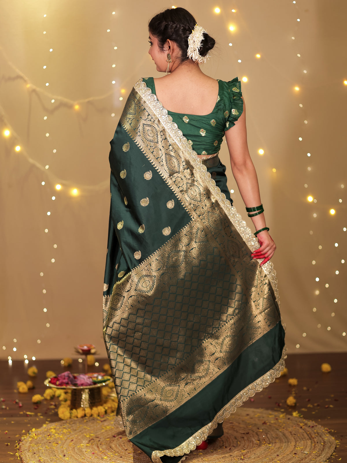 Banarasi Cotton Silk Saree with Lace Border- Green