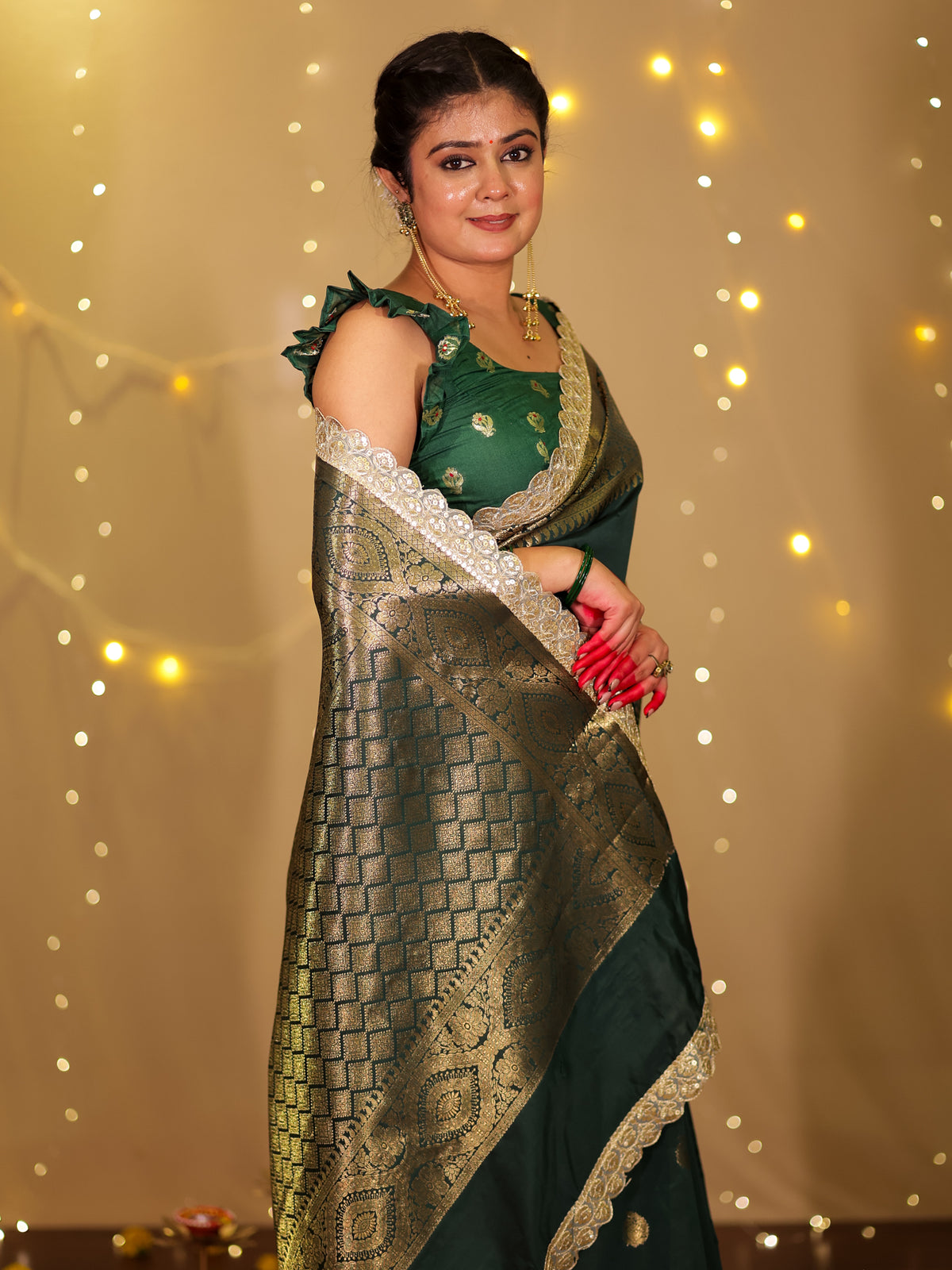 Banarasi Cotton Silk Saree with Lace Border- Green