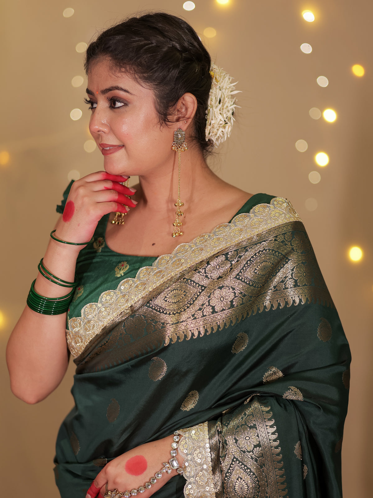 Banarasi Cotton Silk Saree with Lace Border- Green