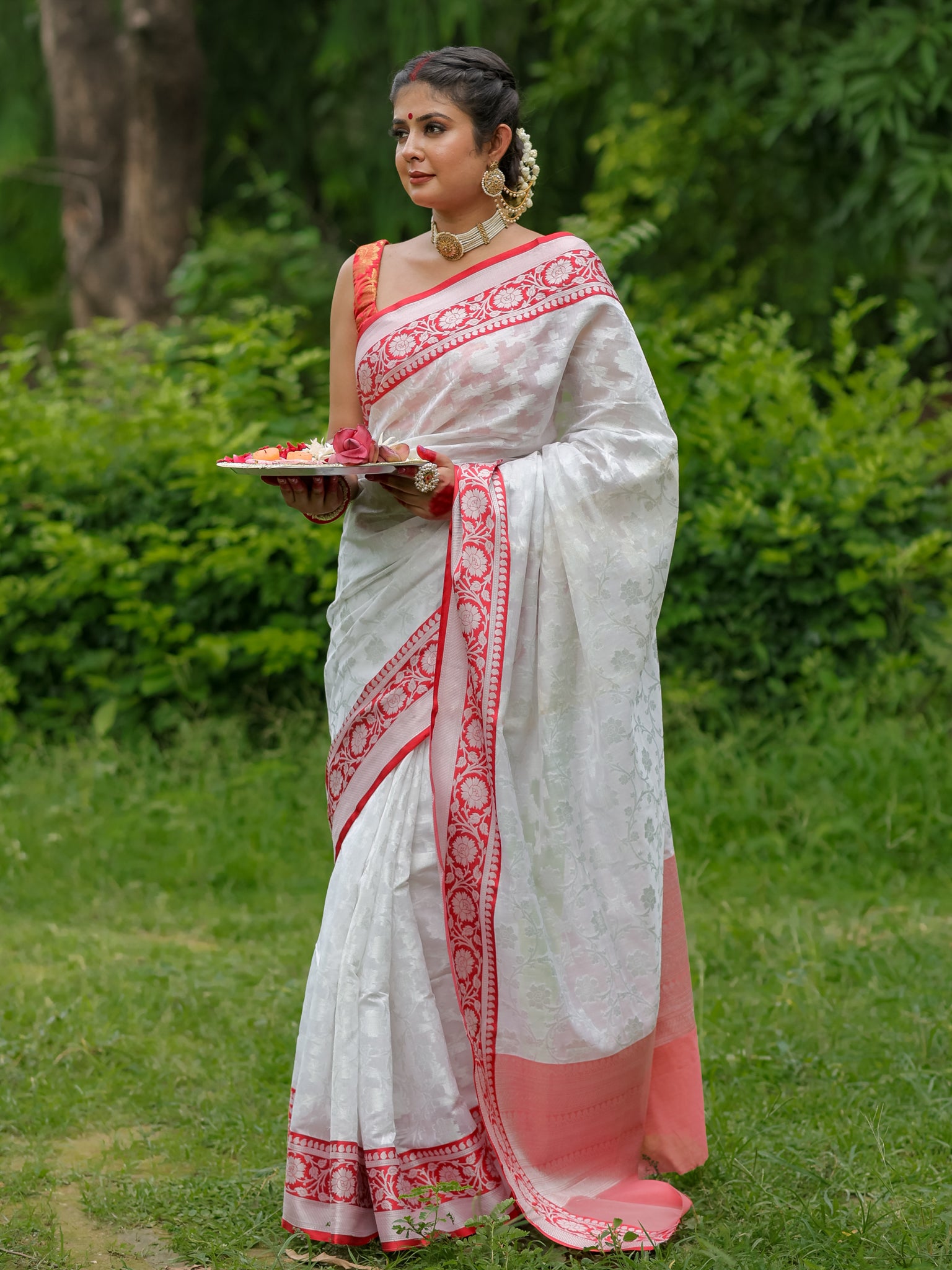 Banarasi Semi Georgette Saree With Weaving & Border - Red & White