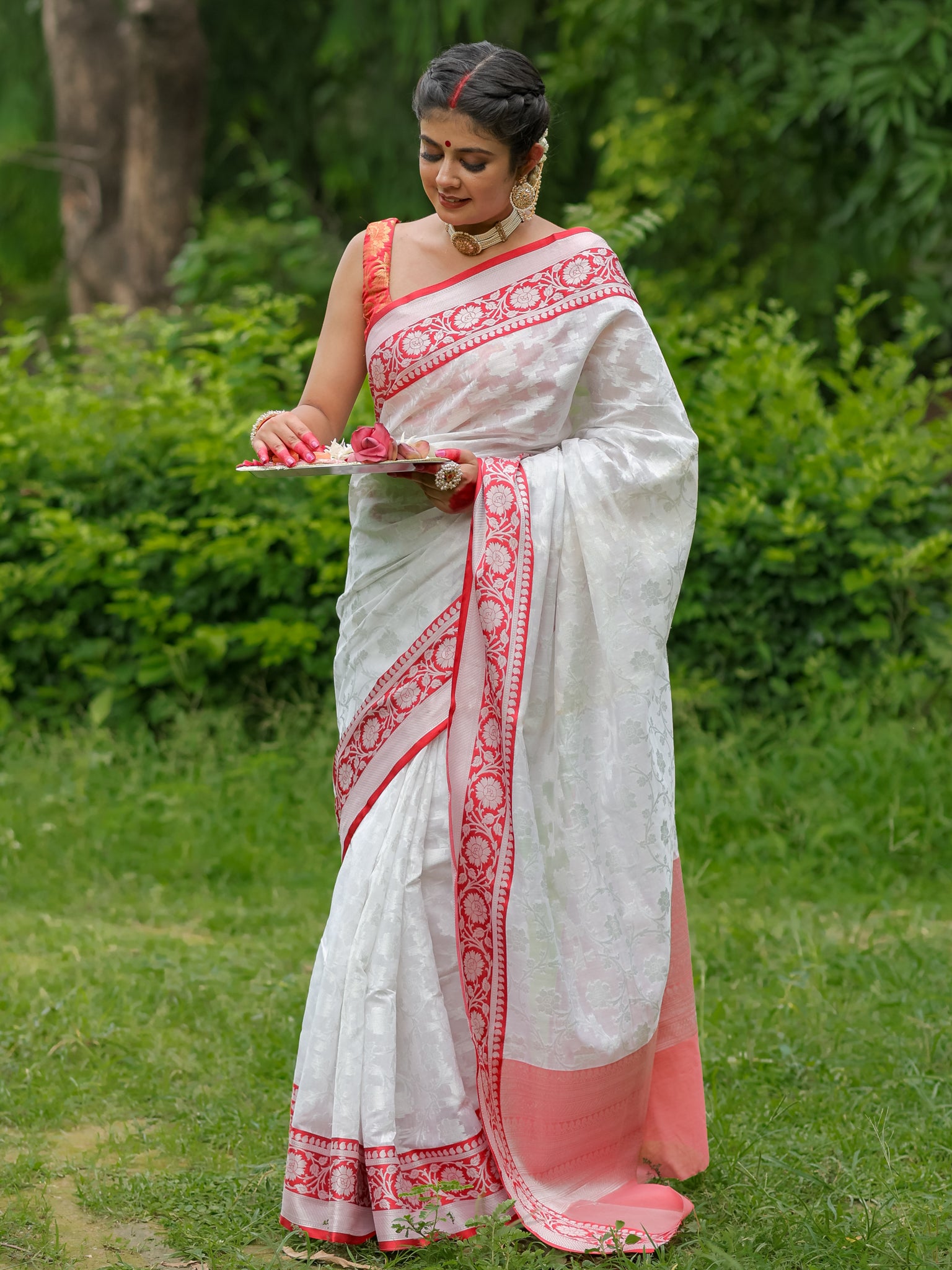 Banarasi Semi Georgette Saree With Weaving & Border - Red & White