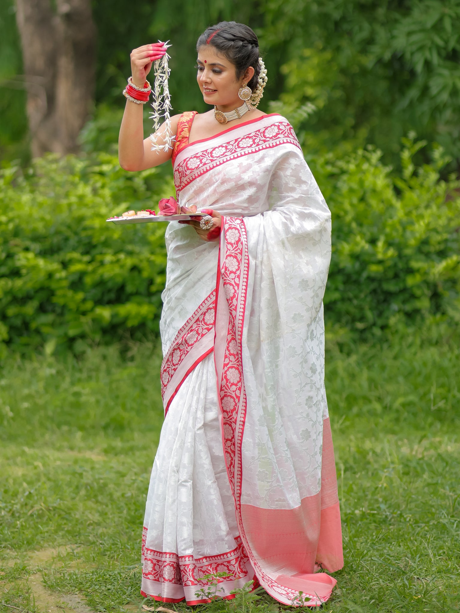 Banarasi Semi Georgette Saree With Weaving & Border - Red & White