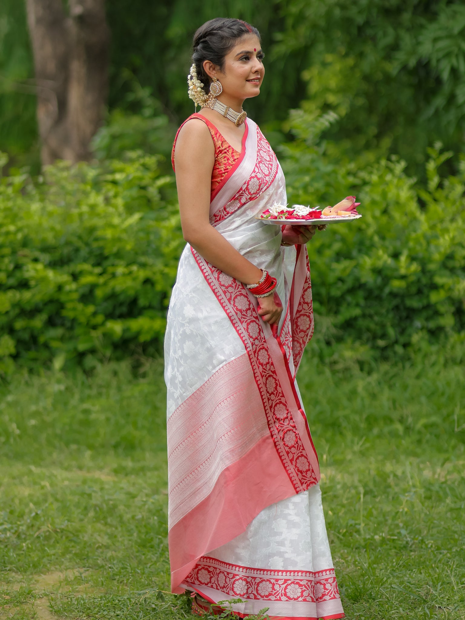 Banarasi Semi Georgette Saree With Weaving & Border - Red & White