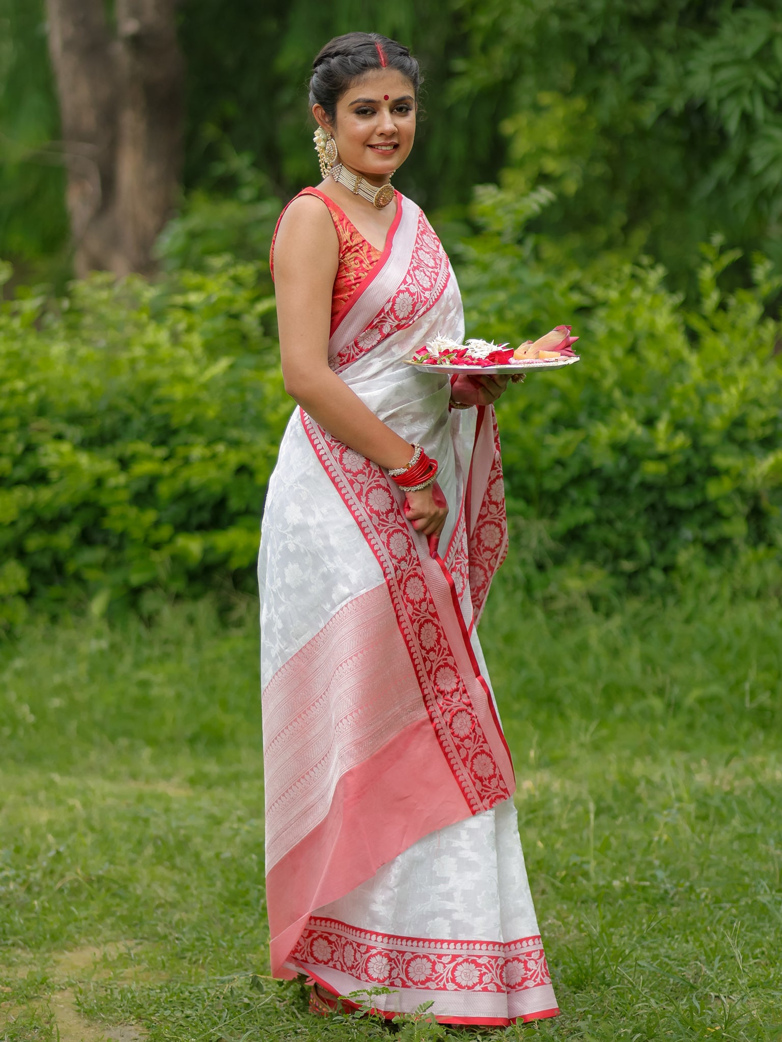 Banarasi Semi Georgette Saree With Weaving & Border - Red & White