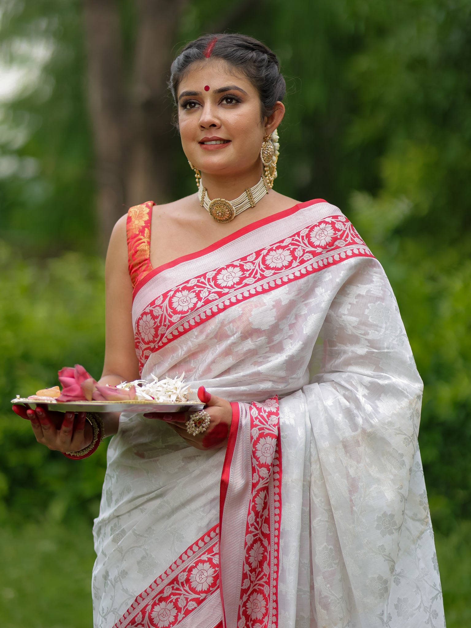 Banarasi Semi Georgette Saree With Weaving & Border - Red & White