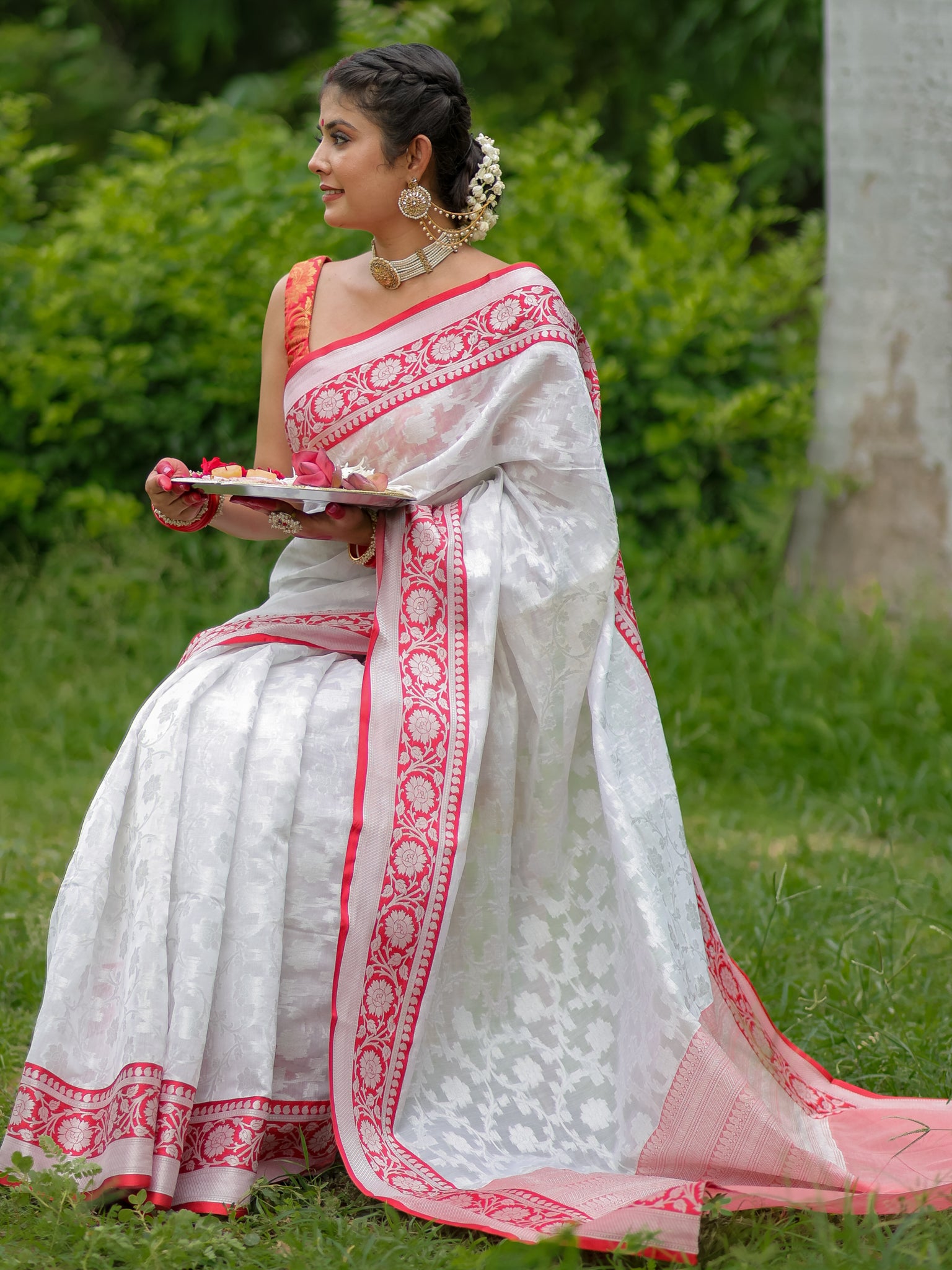 Banarasi Semi Georgette Saree With Weaving & Border - Red & White