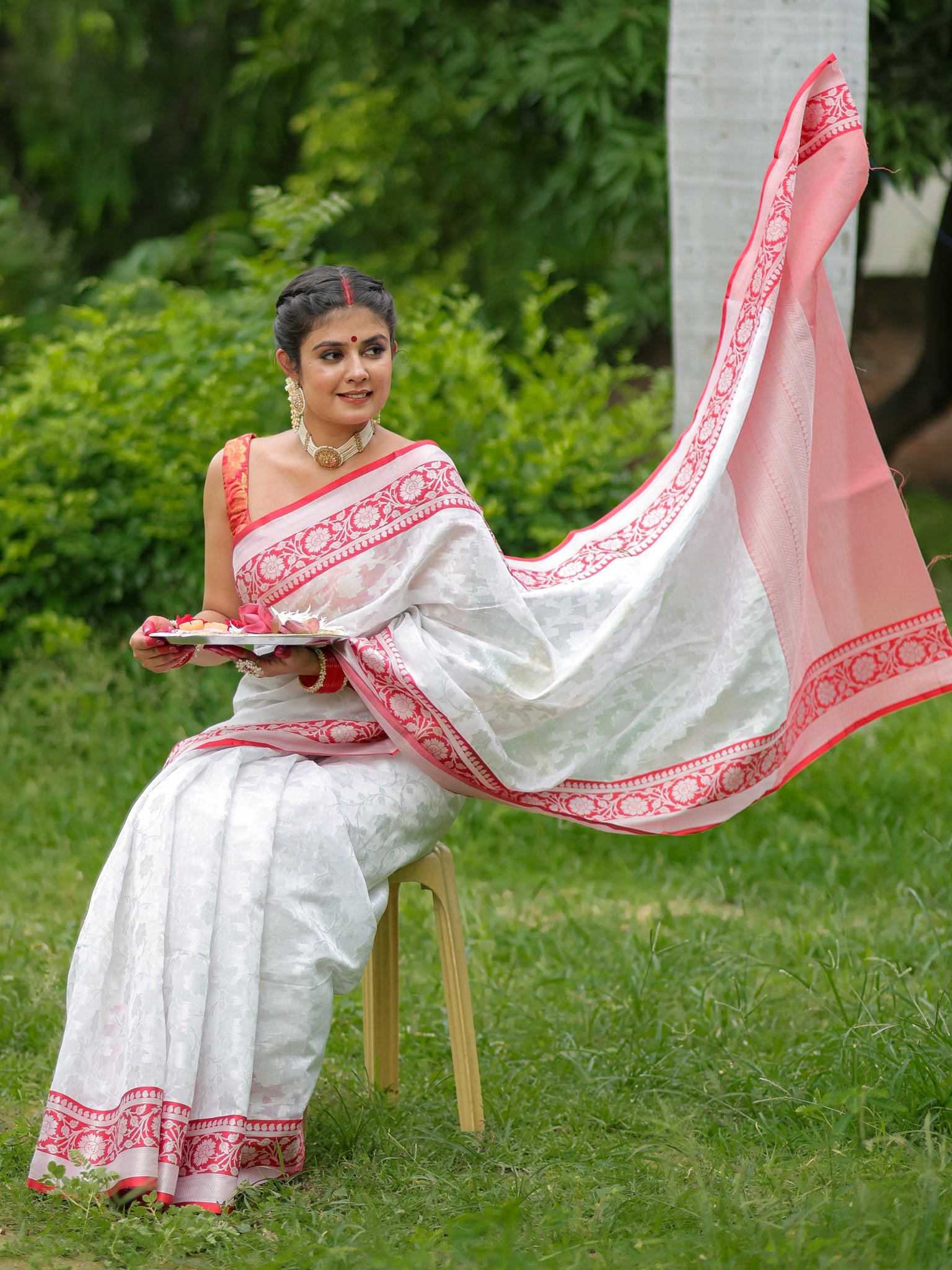Banarasi Semi Georgette Saree With Weaving & Border - Red & White