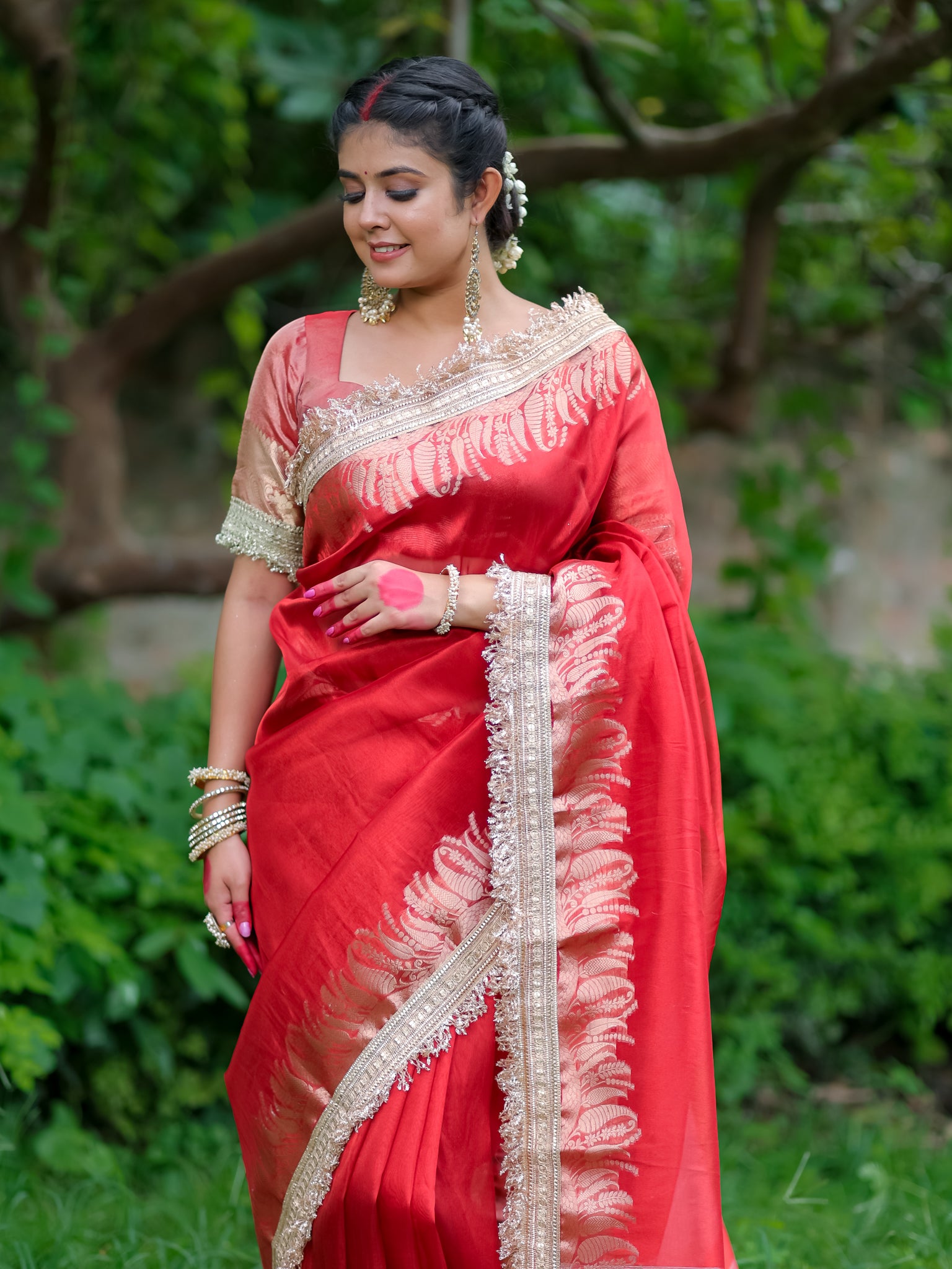 Banarasi Tissue Saree With Lace Border - Red