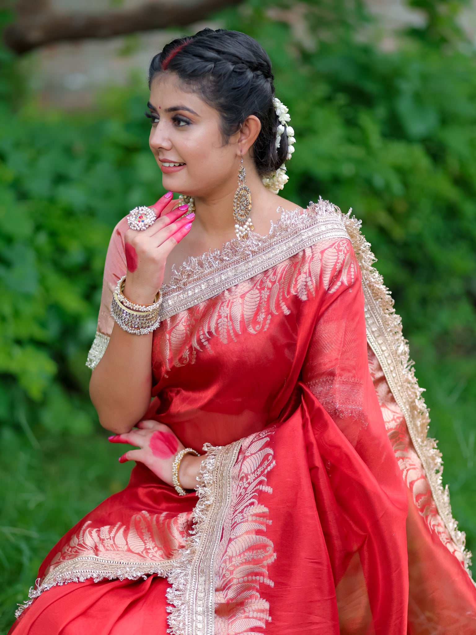 Banarasi Tissue Saree With Lace Border - Red