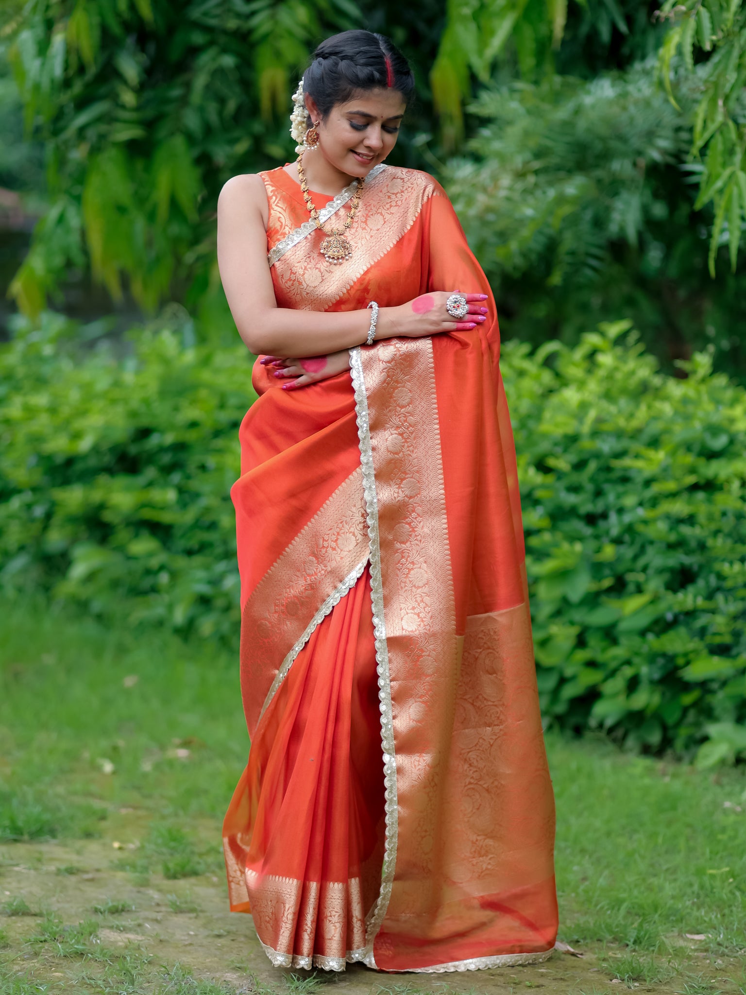 Banarasi Tissue Saree With Lace Border - Orange