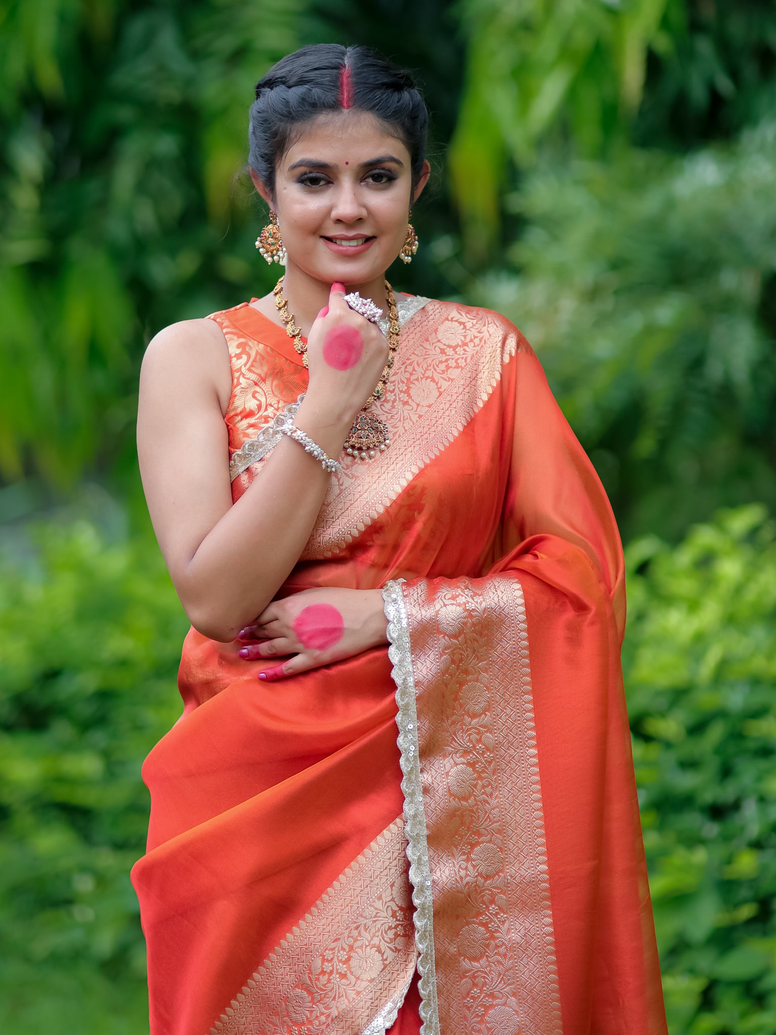 Banarasi Tissue Saree With Lace Border - Orange