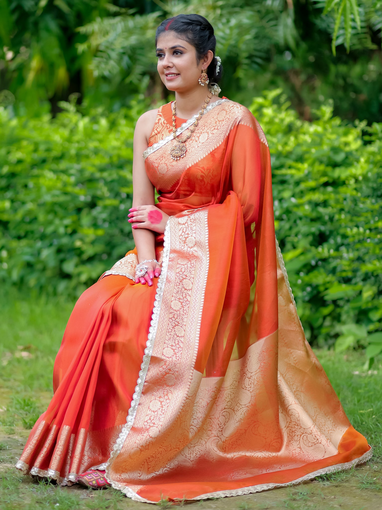 Banarasi Tissue Saree With Lace Border - Orange