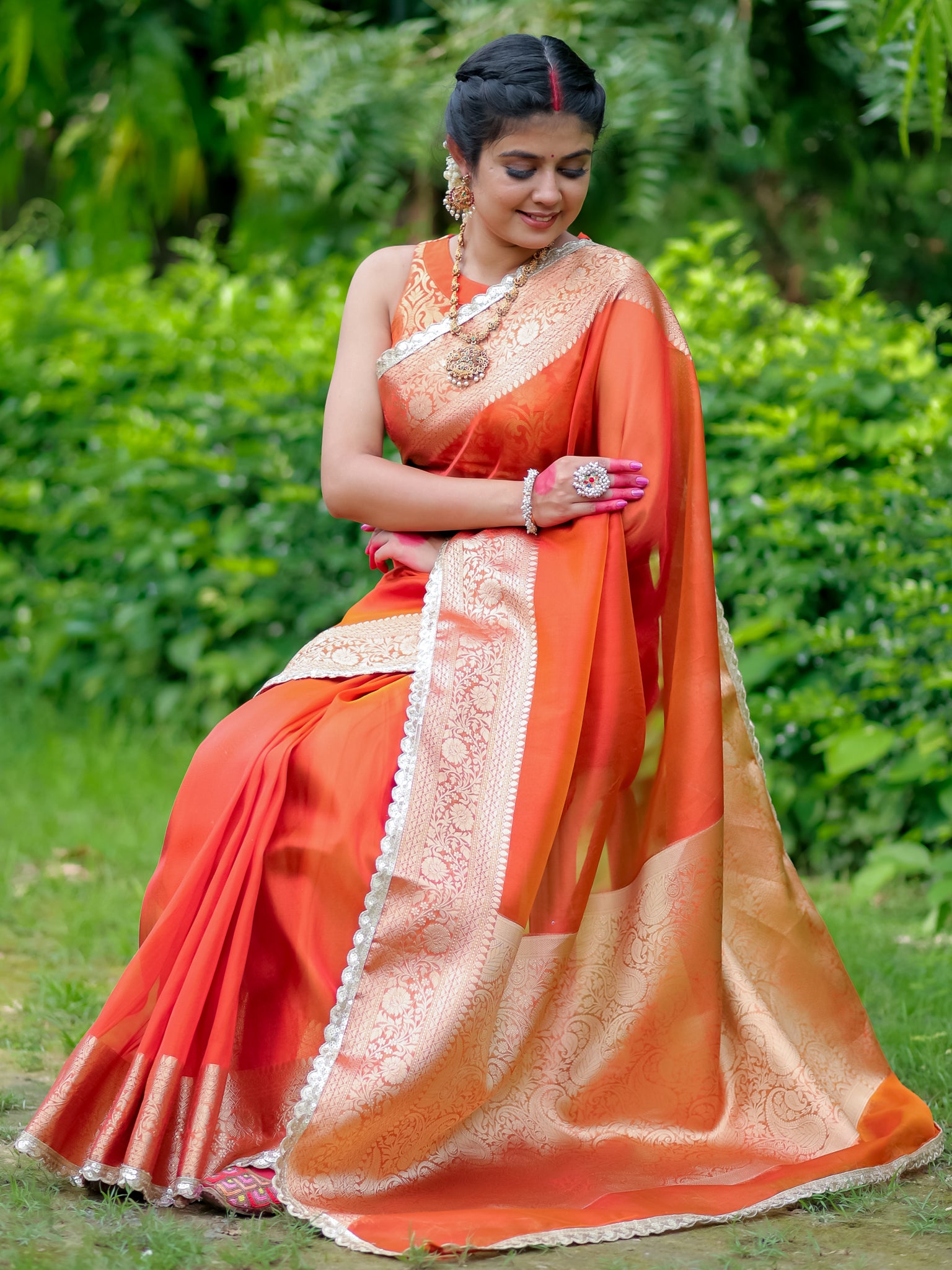 Banarasi Tissue Saree With Lace Border - Orange