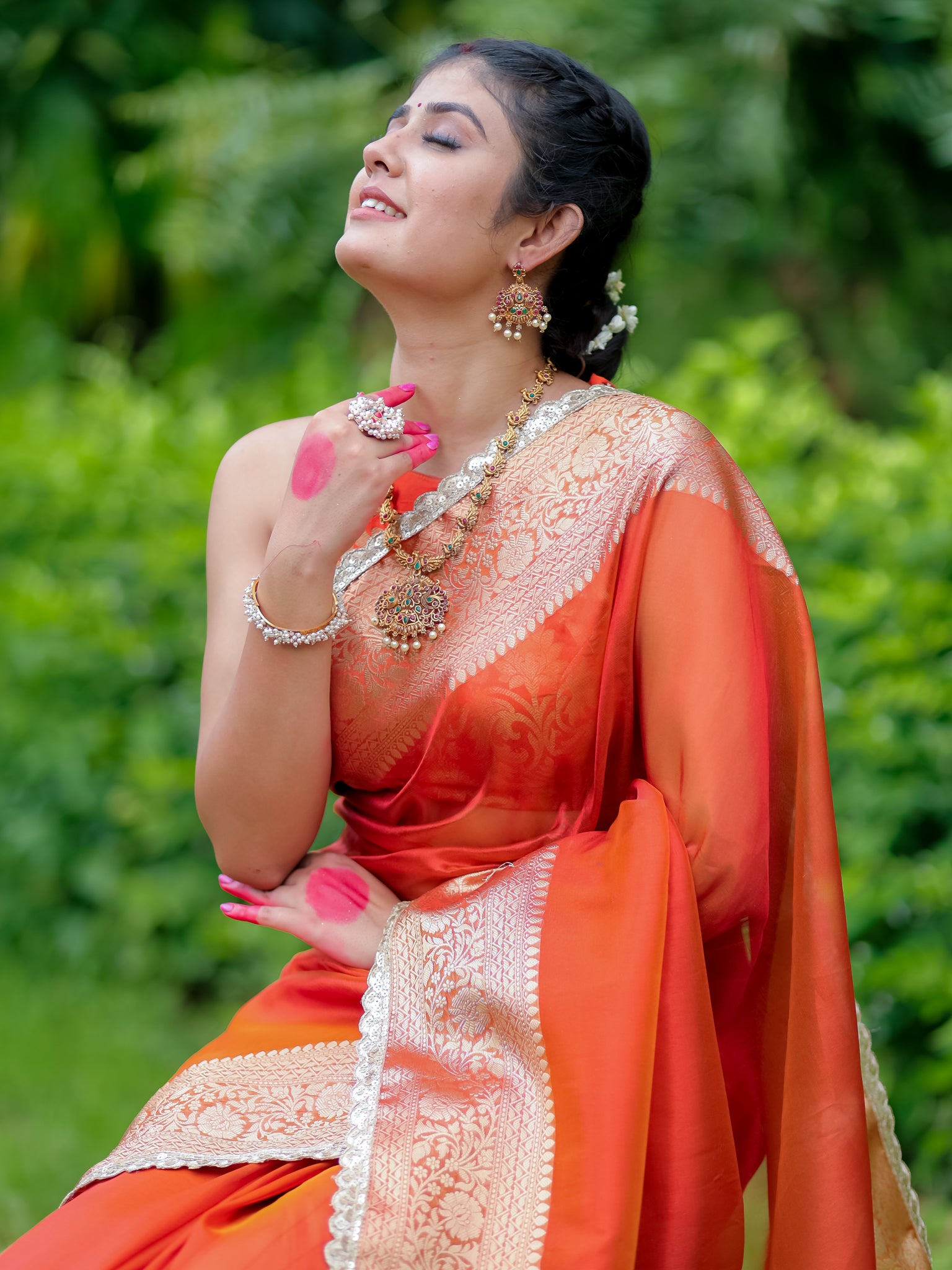 Banarasi Tissue Saree With Lace Border - Orange