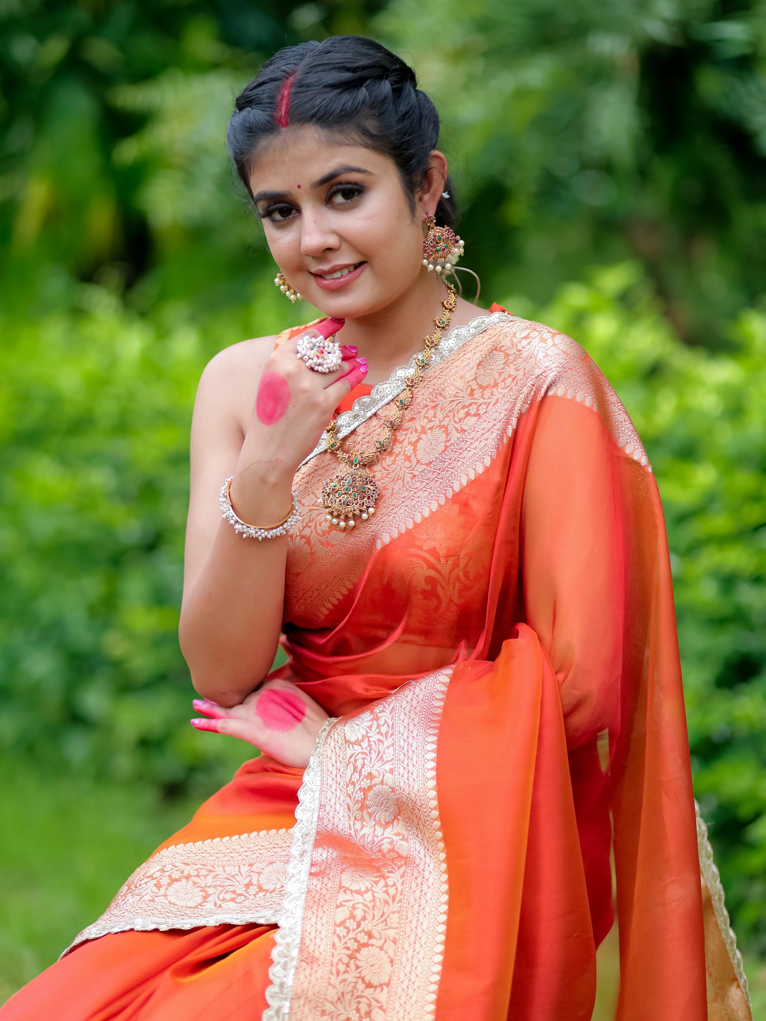 Banarasi Tissue Saree With Lace Border - Orange