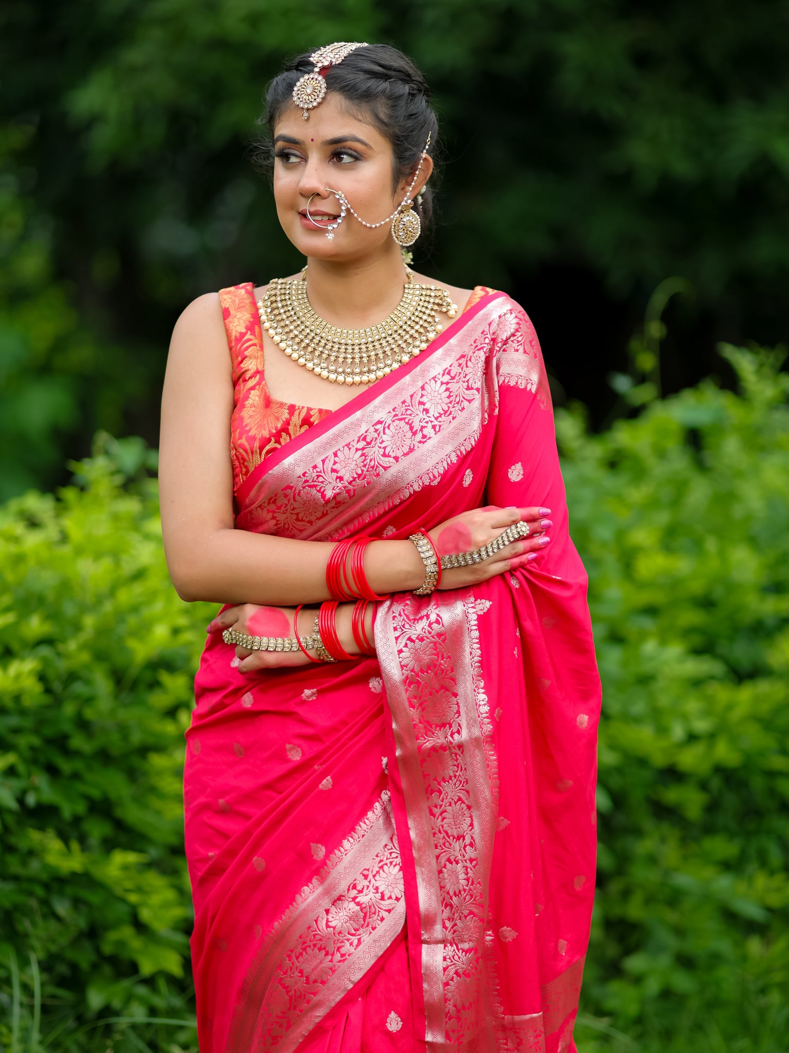 Banarasi Cotton Silk Saree With Silver Zari Buti & Border-Strawberry Pink