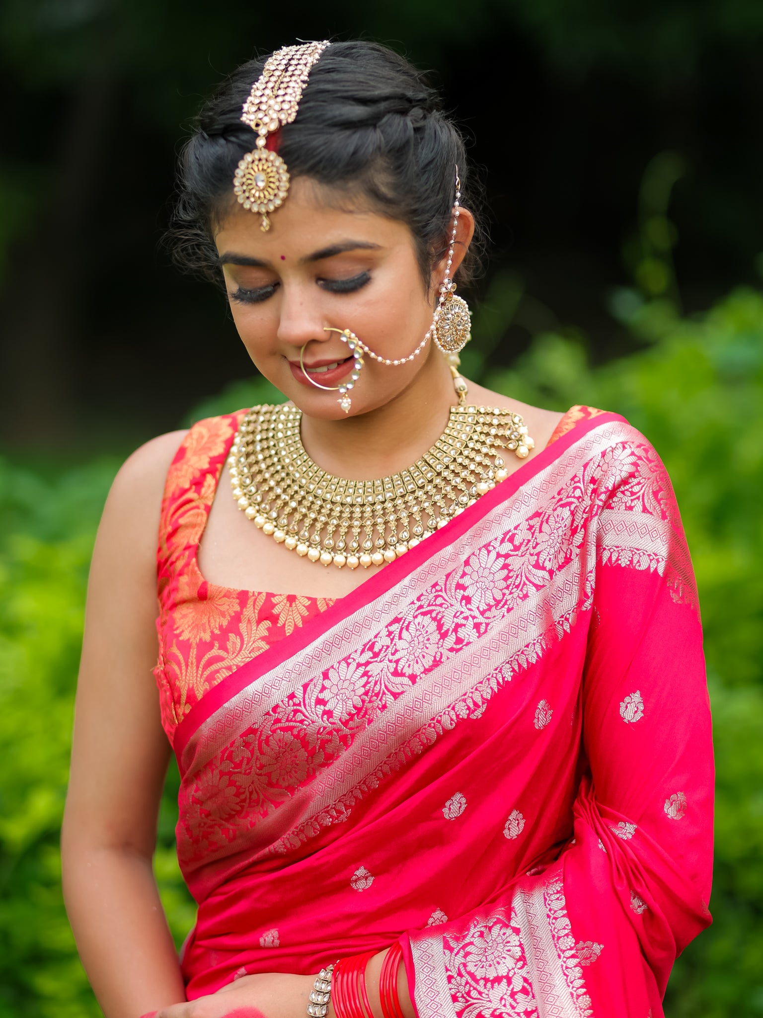 Banarasi Cotton Silk Saree With Silver Zari Buti & Border-Strawberry Pink