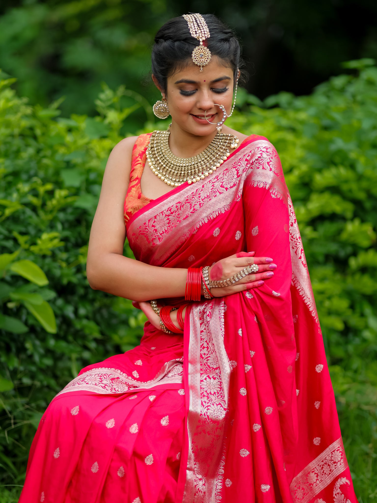 Banarasi Cotton Silk Saree With Silver Zari Buti & Border-Strawberry Pink