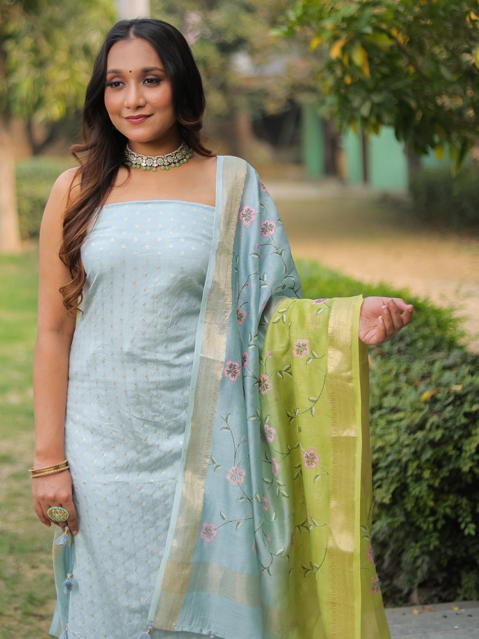 Banarasi Pure Chanderi Salwar Kameez Fabric With Embroidered Dupatta-Blue