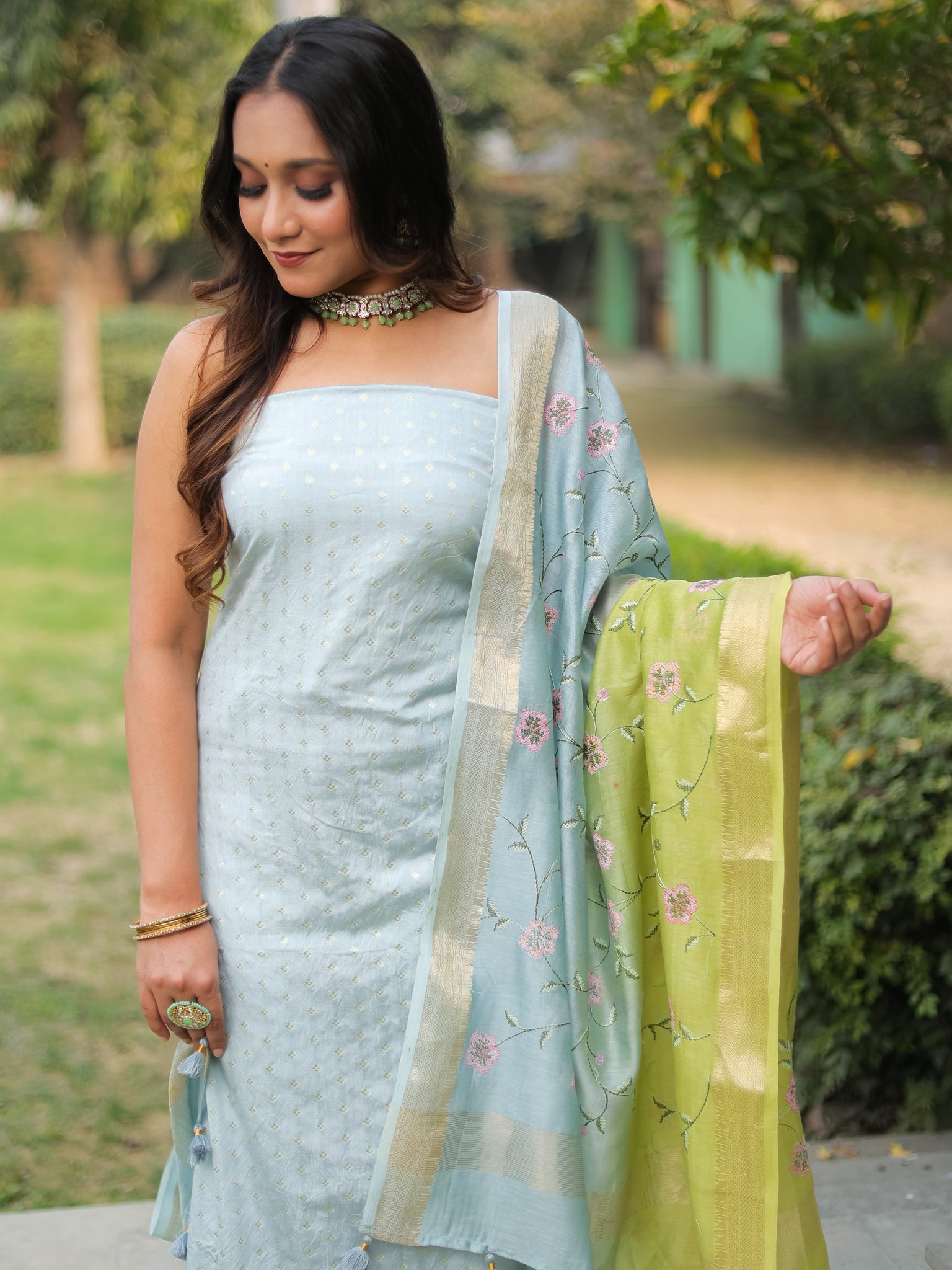 Banarasi Pure Chanderi Salwar Kameez Fabric With Embroidered Dupatta-Blue