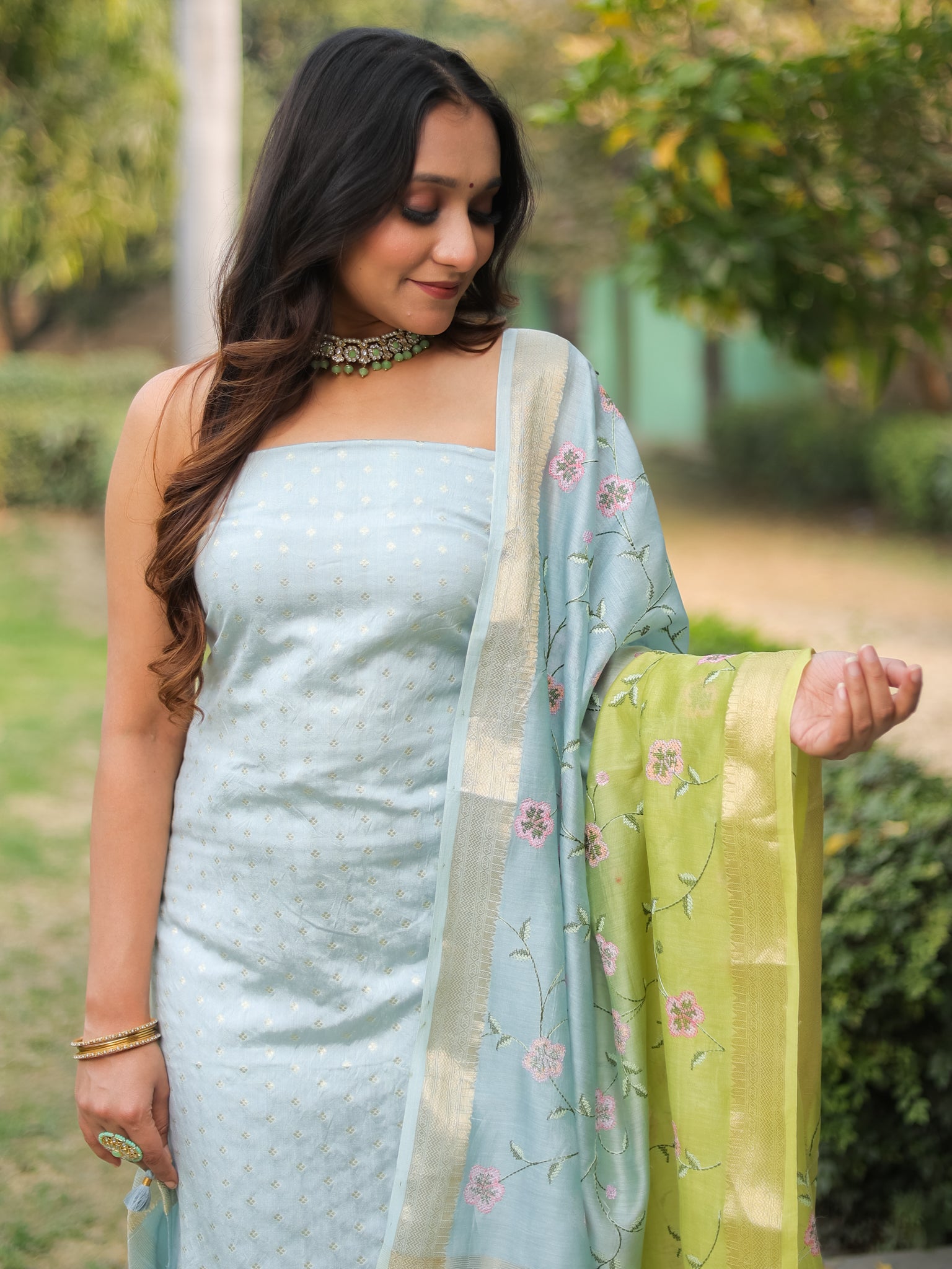 Banarasi Pure Chanderi Salwar Kameez Fabric With Embroidered Dupatta-Blue